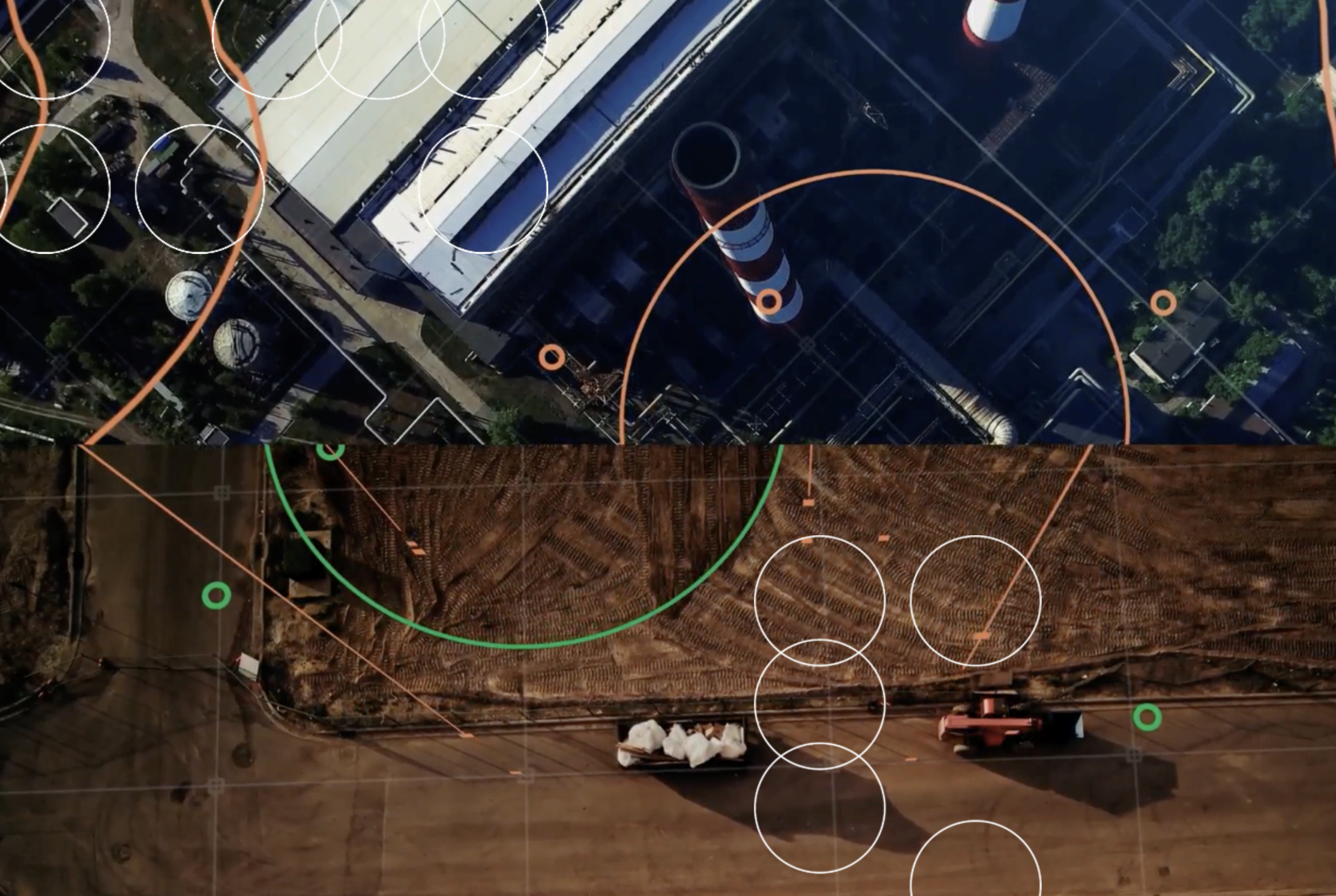 Montagem de imagens aéreas de área com obra e indústria