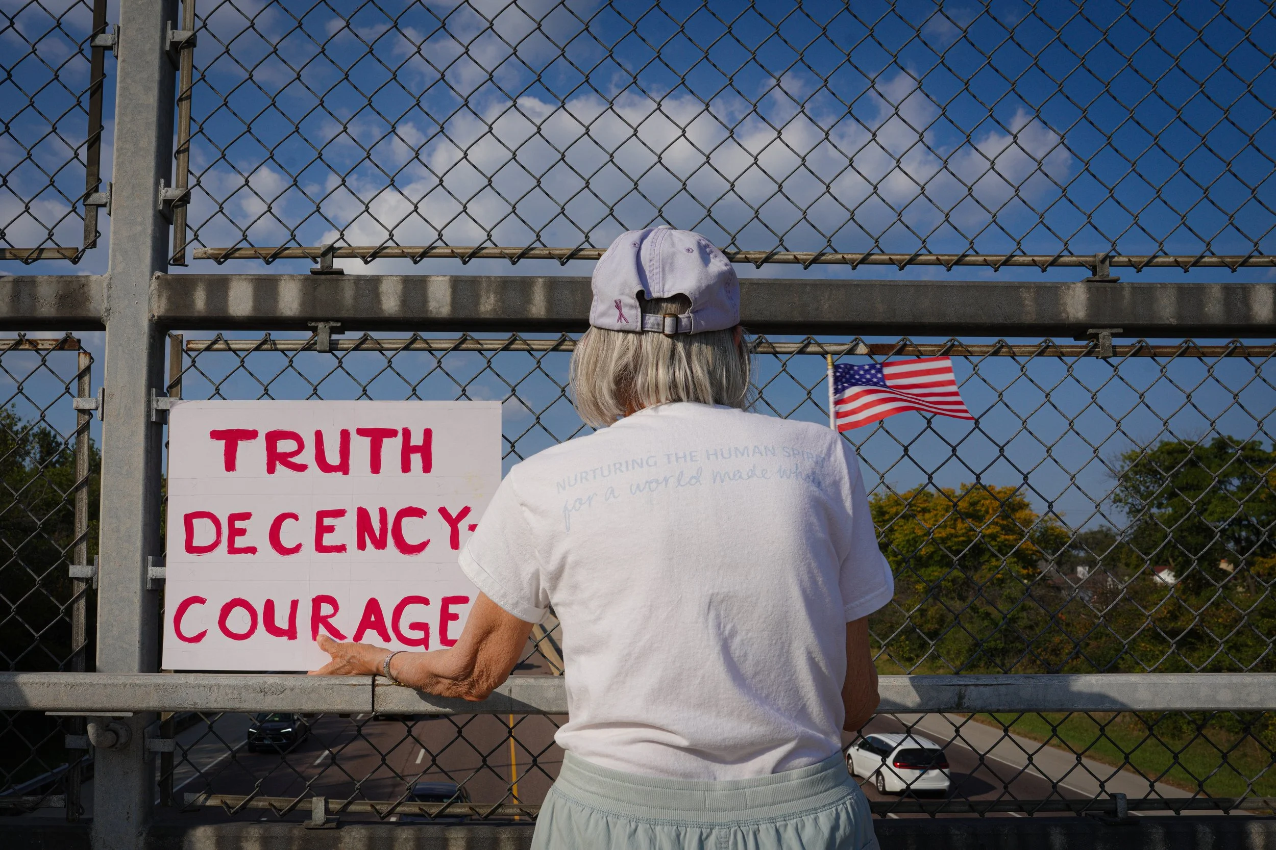North Shore Says NO! protesters stood on four Interstate 94 overpasses during rush hour on Friday mornings and evenings to protest against President Donald Trump’s administration and ICE agents in Chicagoland.