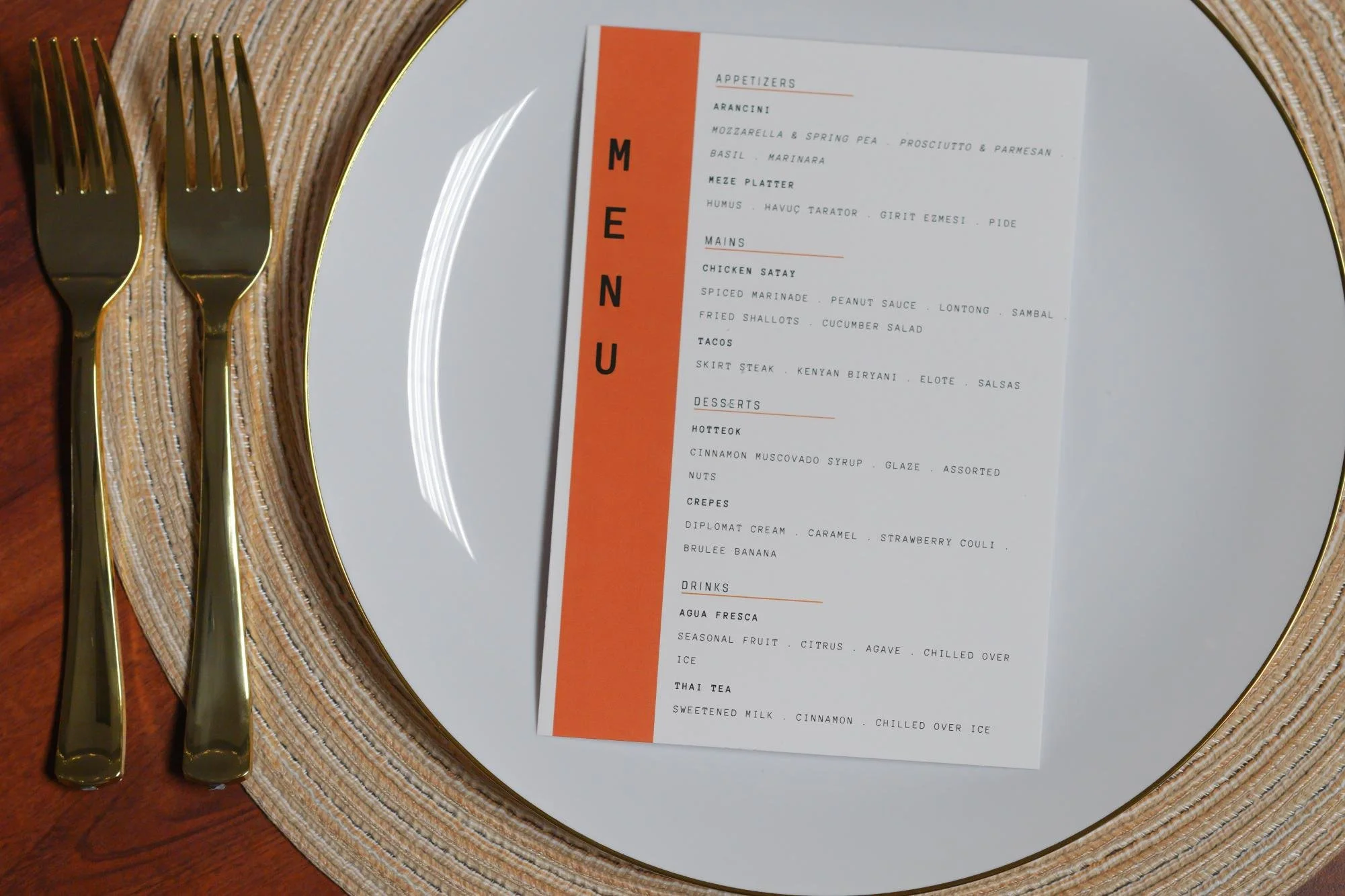 The menu featured two different entrees, main courses, desserts and drinks. 