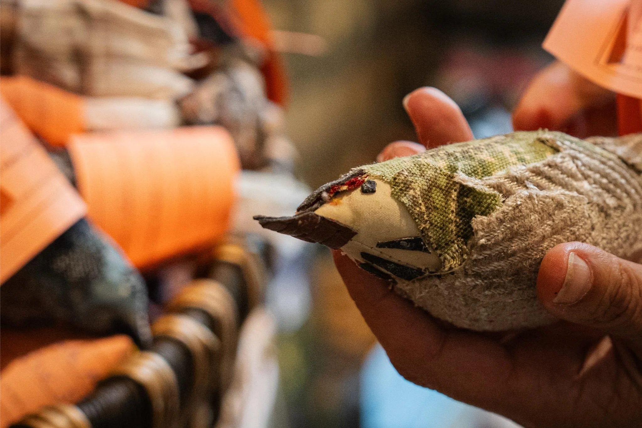 Each bird is made from donated fabric, such as used bed sheets and pillow stuffing.