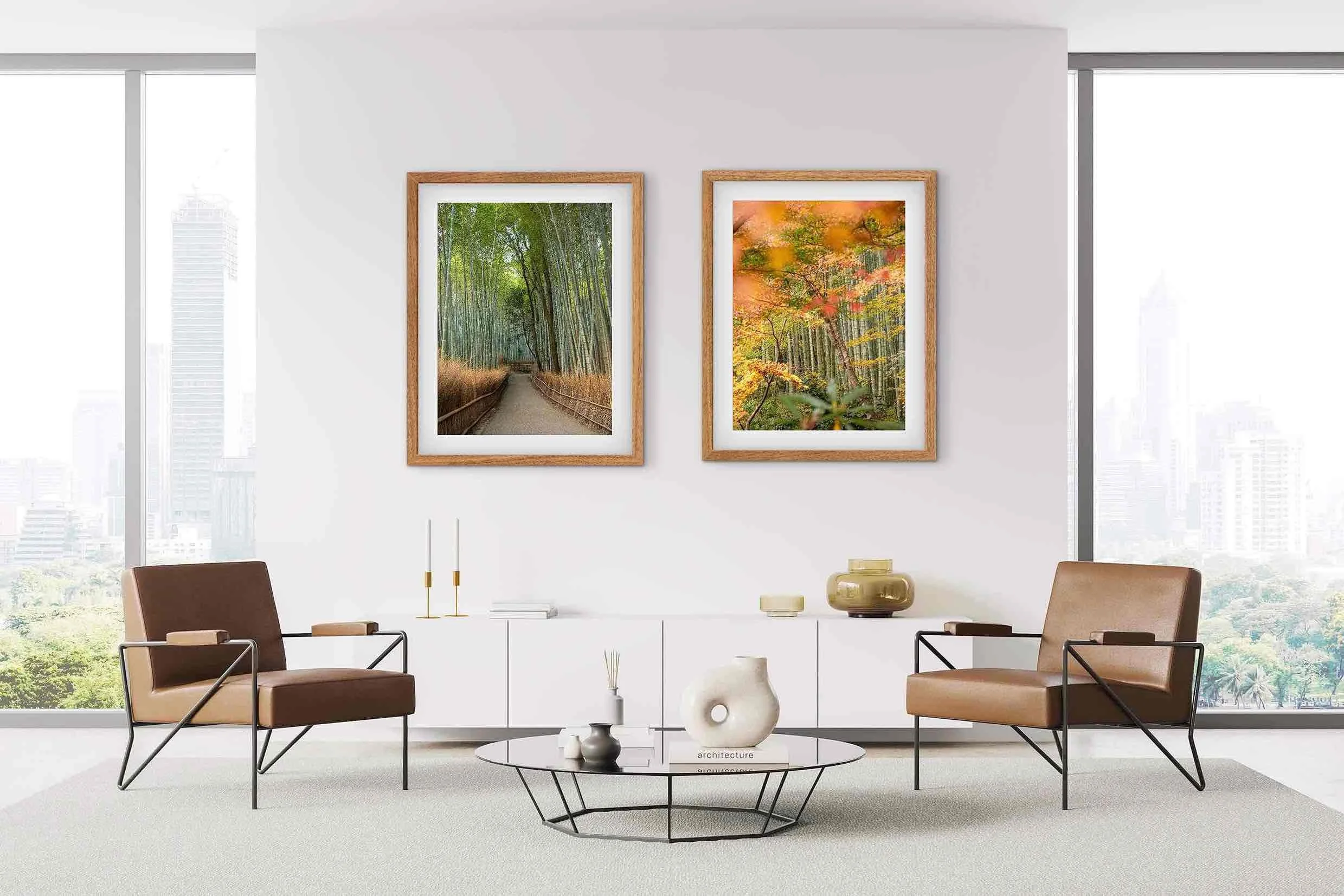 Arashiyama Bamboo Grove Kyoto Japan bamboo forest photography print displayed alongside autumn foliage photograph in a modern living room