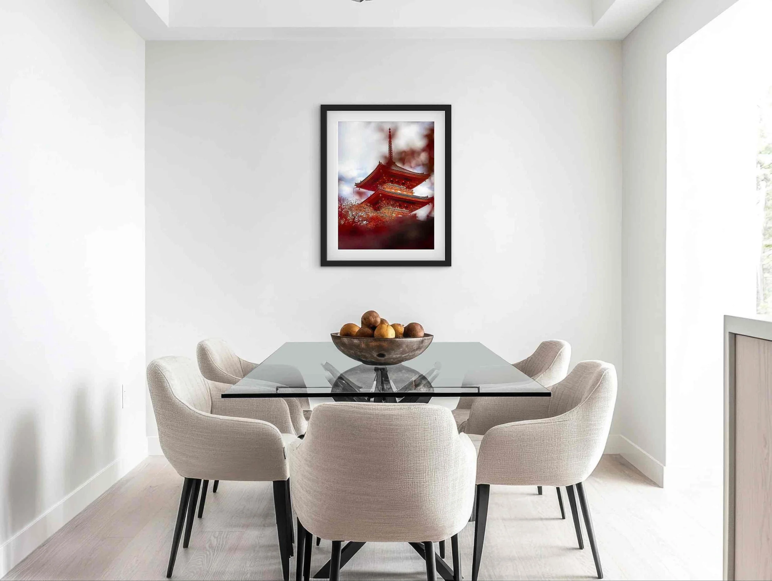 Framed Kiyomizu-dera pagoda Kyoto Japan autumn temple photography print displayed above a dining table in a modern dining room