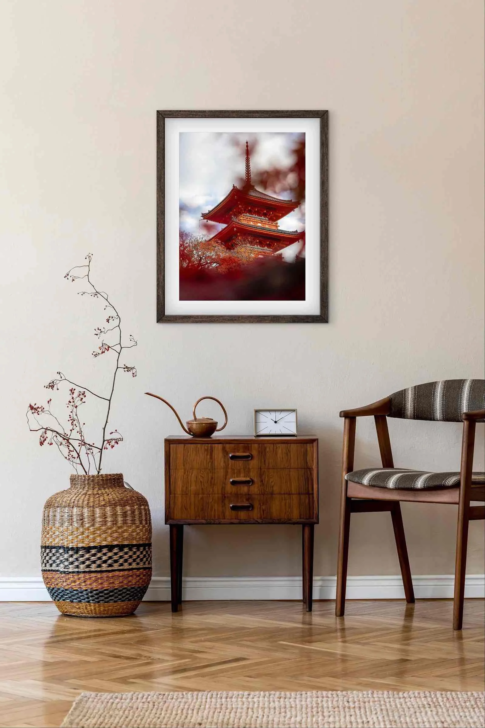Framed Kiyomizu-dera Kyoto Japan temple pagoda photography print displayed above a wooden side table and chair