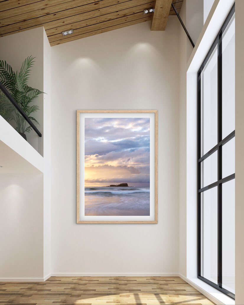 Mudjimba Island sunrise fine art coastal photography print displayed on a large entryway wall in a modern home.