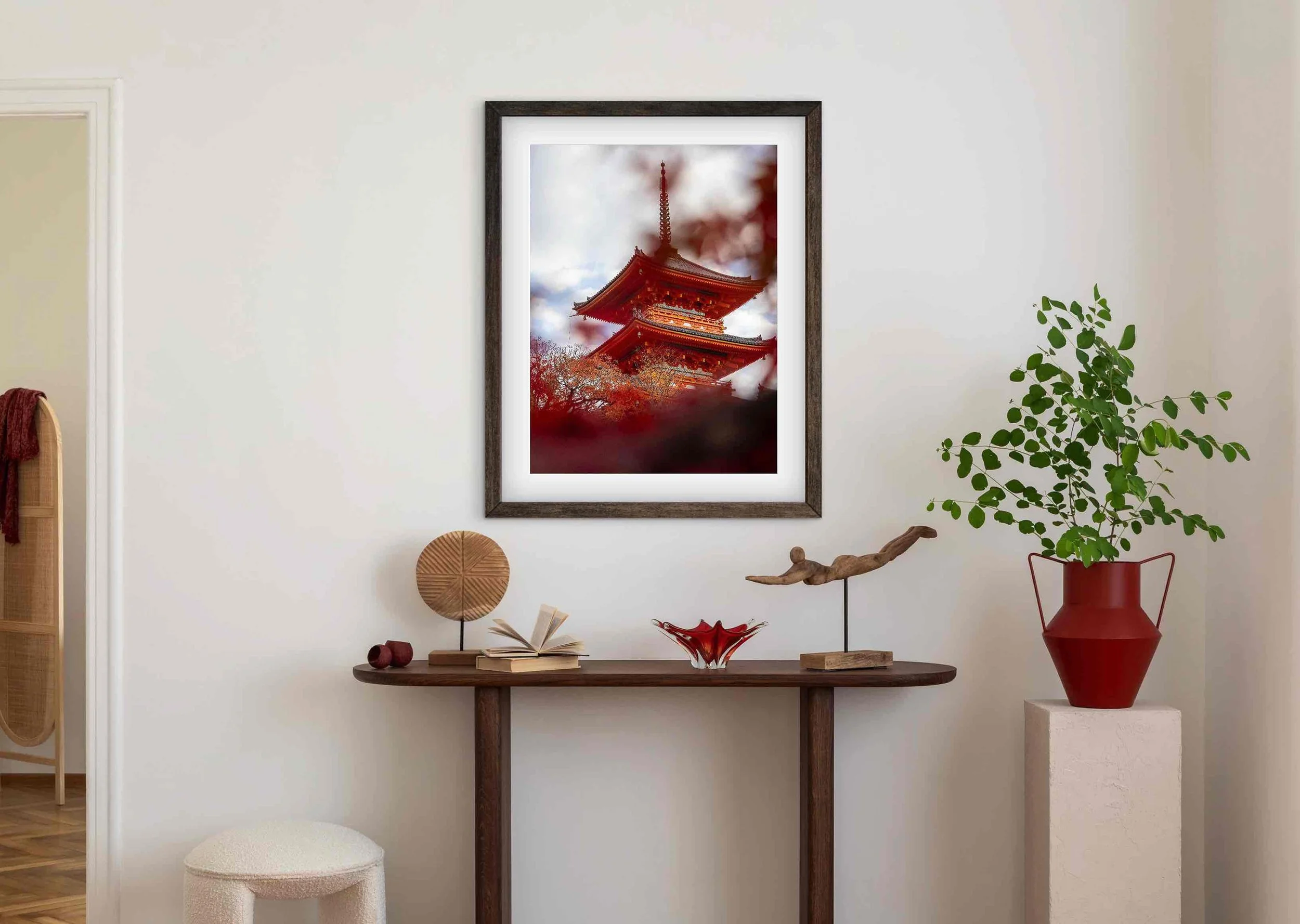 Framed Kiyomizu-dera Kyoto Japan pagoda photography print displayed above a wooden console table in a modern interior