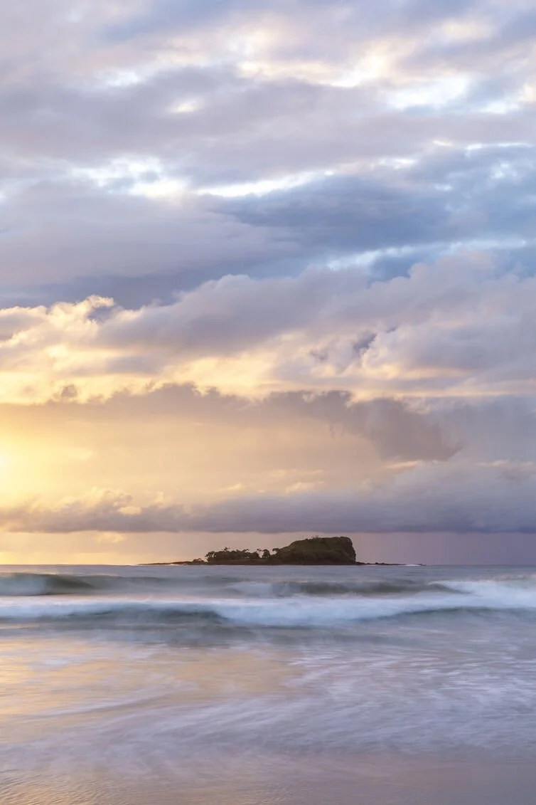 Sunrise over Mudjimba Island (Old Woman Island) viewed from Mudjimba Beach on the Sunshine Coast, coastal fine art photography print.