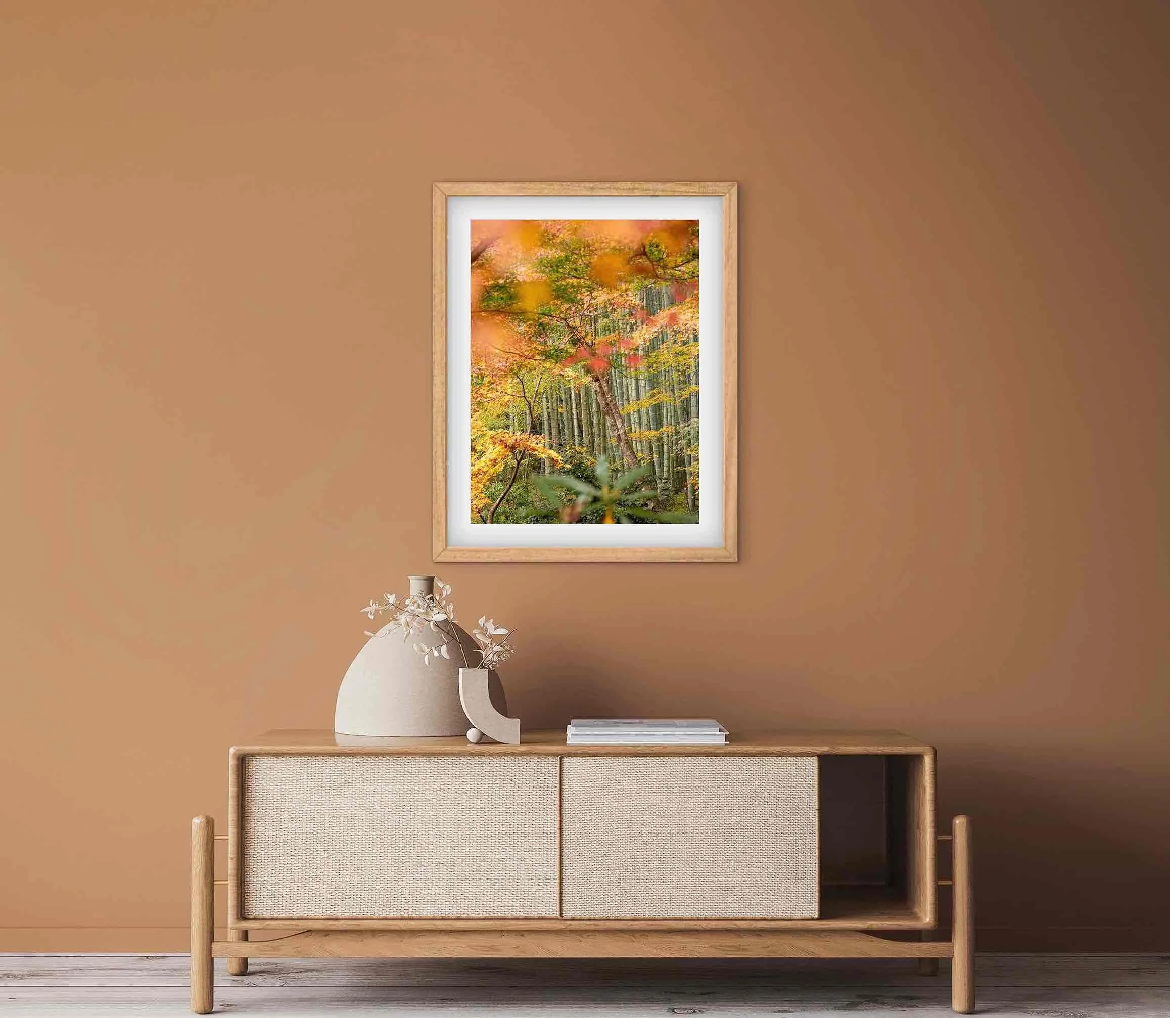 Sanzen-in Temple Kyoto autumn garden photography print displayed beside an Arashiyama bamboo grove photograph in a modern interior