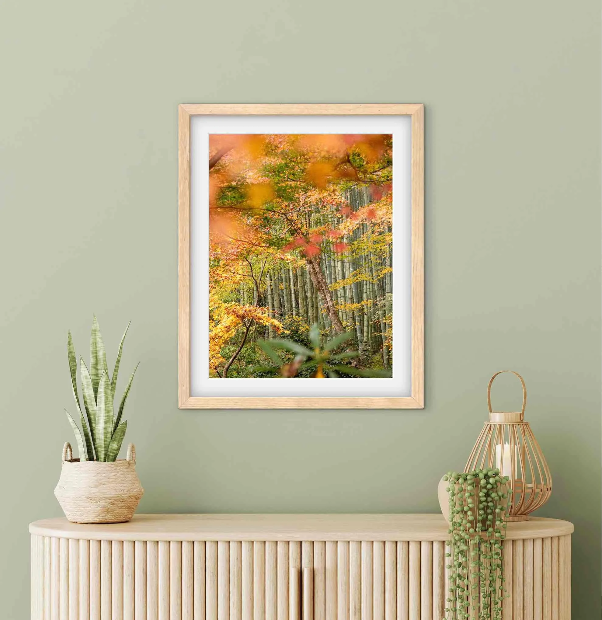 Framed Sanzen-in Temple Kyoto Japan autumn garden photography print displayed above a wooden sideboard in a modern interior