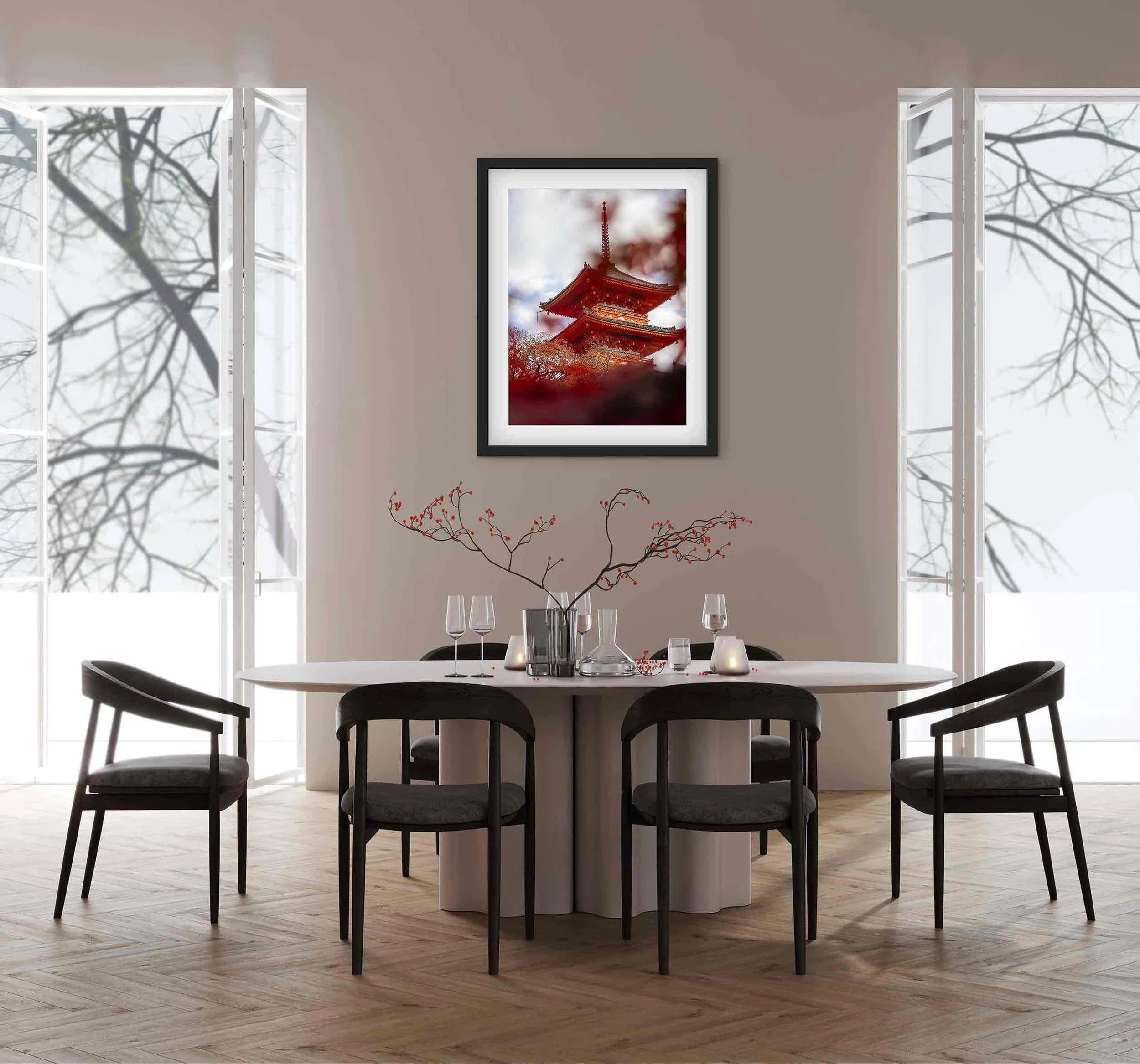 Framed Kiyomizu-dera Kyoto Japan temple pagoda wall art displayed above a dining table between large windows