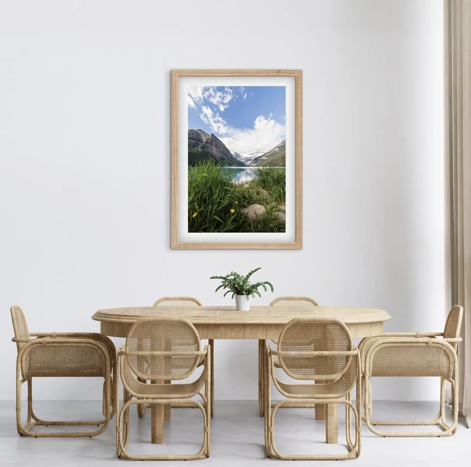 Fine art landscape photograph of Lake Louise in Banff National Park Canada with turquoise water and mountain scenery