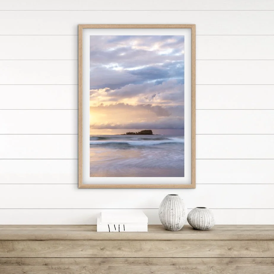 Mudjimba Island sunrise Sunshine Coast coastal wall art styled above a wooden console with neutral decor.