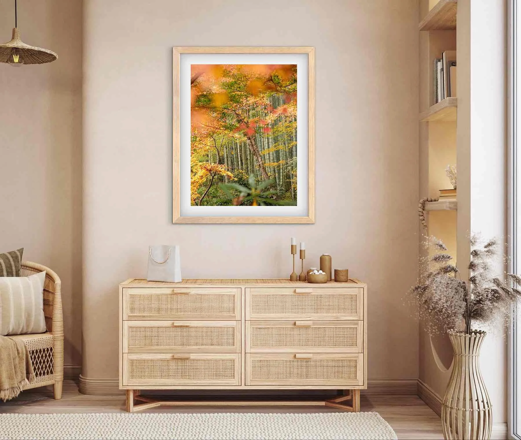 Framed Sanzen-in Temple Kyoto Japan autumn bamboo garden photography print displayed above a wooden dresser