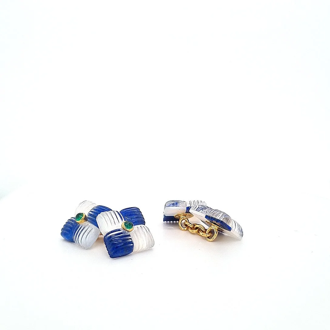 Checkerboard-Cufflinks aus Bergkristall, Lapis und Smaragden