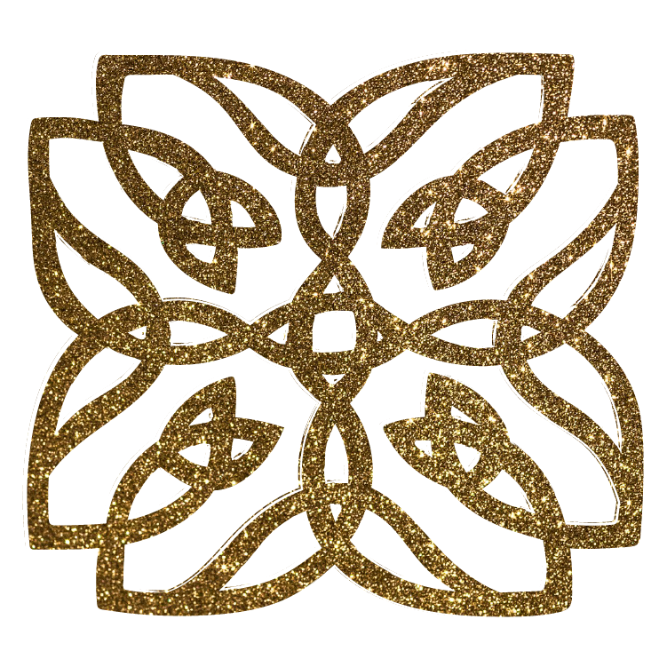 Goldglitzerndes keltisches Knotenornament, das wie eine Blume aussieht.