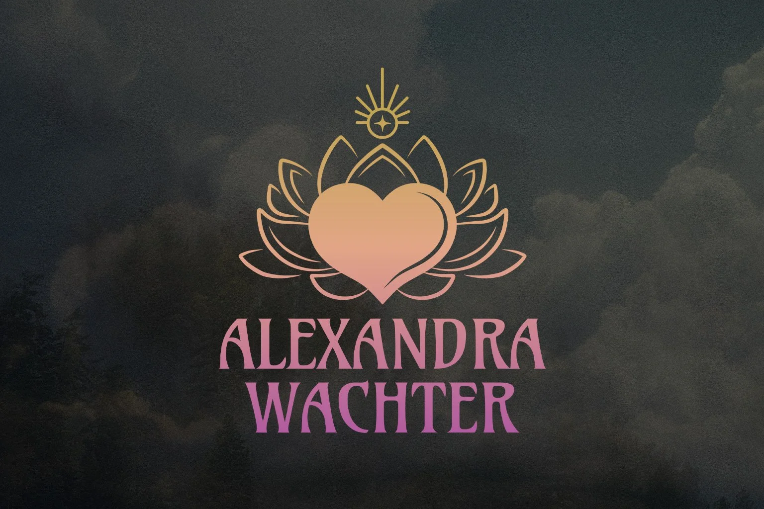 Logo mit einem Herzen im Zentrum und einer Lotusblume drum herum. Oben ist ein Sonne mit einem Stern zu sehen. Unten steht der Schriftzug Alexandra Wachter.