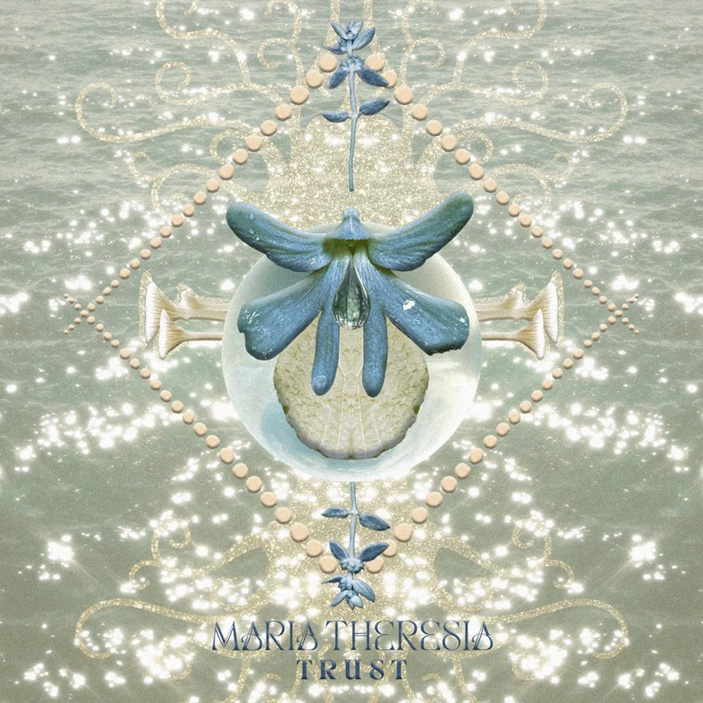 Album cover collage for Maria Theresia's healing song "Trust" featuring a light blue flower fairy creature at the center, surrounded by decorative elements and glittering water.