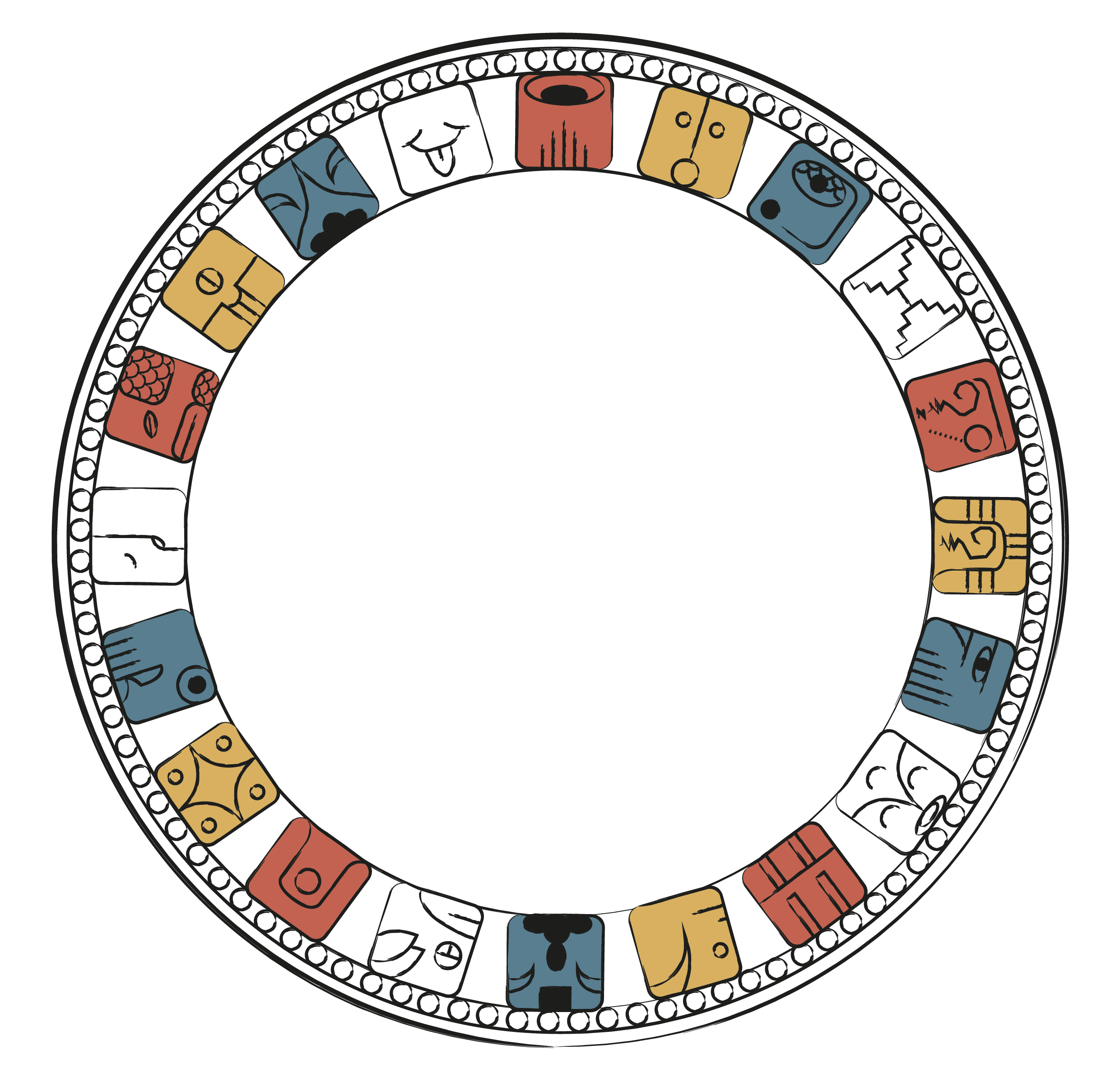 Ein Kreis der die zwanzig archetypischen Siegel aus dem Maya Kalender zeigt.