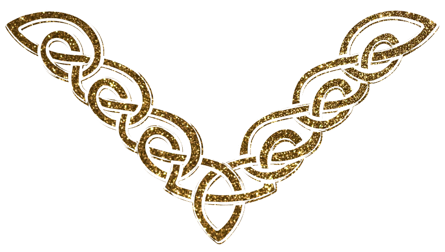 Goldglitzerndes keltisches Knotenmuster in V-Form, das wie ein Pfeil aussieht und nach unten zeigt.