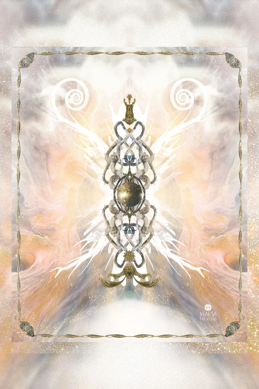 Die abstrakte Collage „Soul Essence“ zeigt eine goldene Kugel, mit Verästelungen und Energieströme drum herum.  Aus der Kugel wachsen nach oben und unten  kleine Pflanzen heraus. Der pastellfarbene Hintergrund zeigt die Aura der Seele und Glitzer.