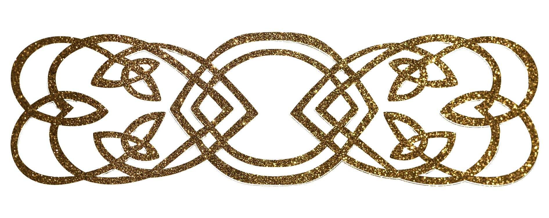 Goldglitzernde Zierbordüre mit wirbelnden Mustern, die links und rechts Herzsymbole und in der Mitte ein Auge bilden.