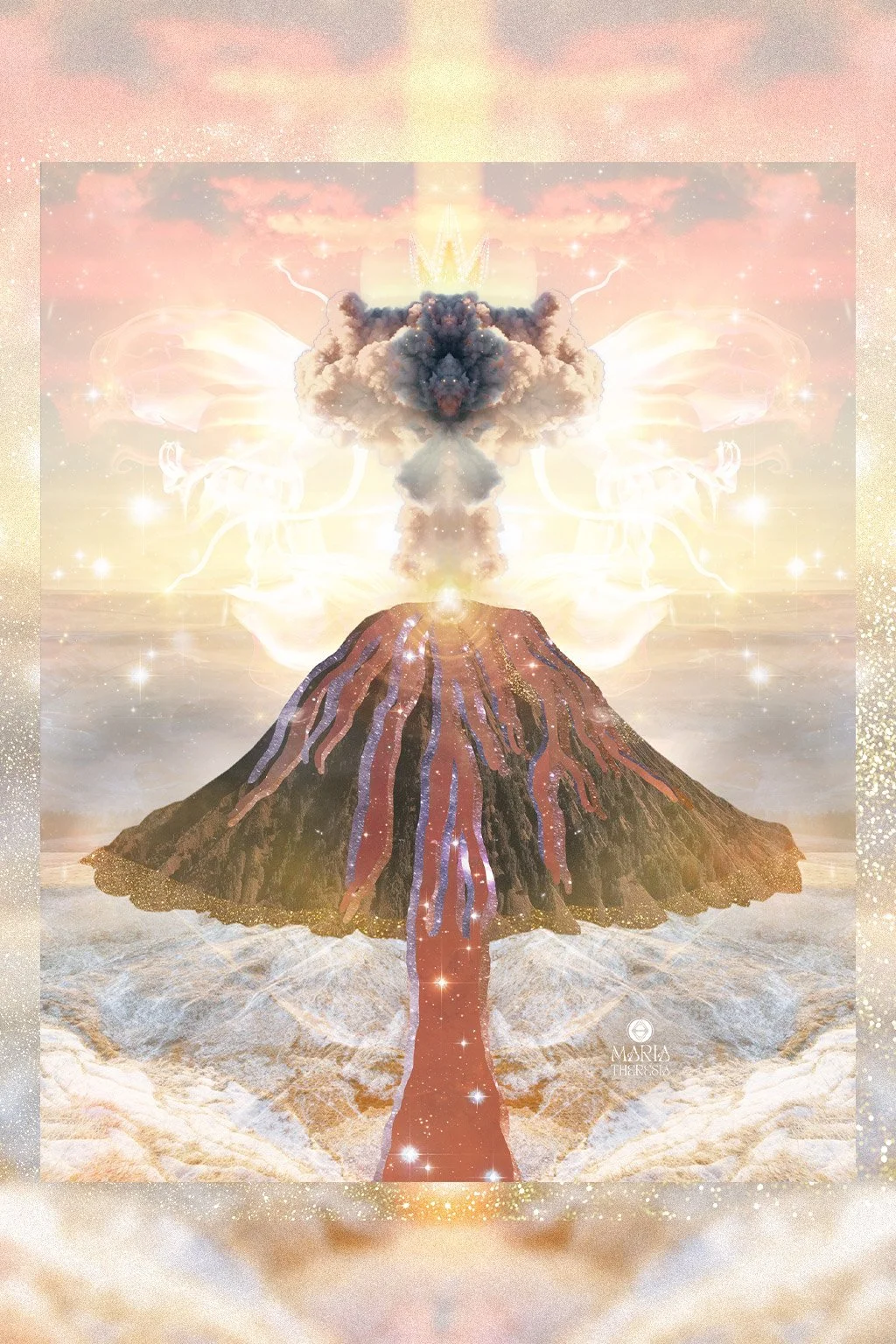 Eine Collage mit dem Titel „Portal der Erinnerung“ die einen Vulkan mit funkelnden Lavaströmen und einer Rauchwolke die wie ein Drache aussieht. Der pastellfarbene Hintergrund zeigt Lichteffekte und funkelnde Elemente.