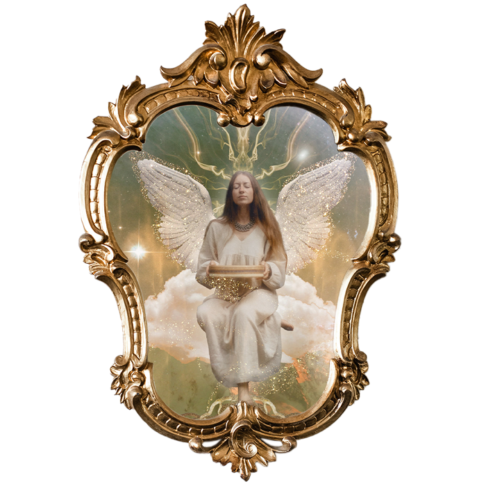 Ein goldener Barockspiegel mit einer Frau, die auf einer Wolke auf einem Berggipfel sitzt und eine energetische Verbindung zum Himmel und zur Erde hat.