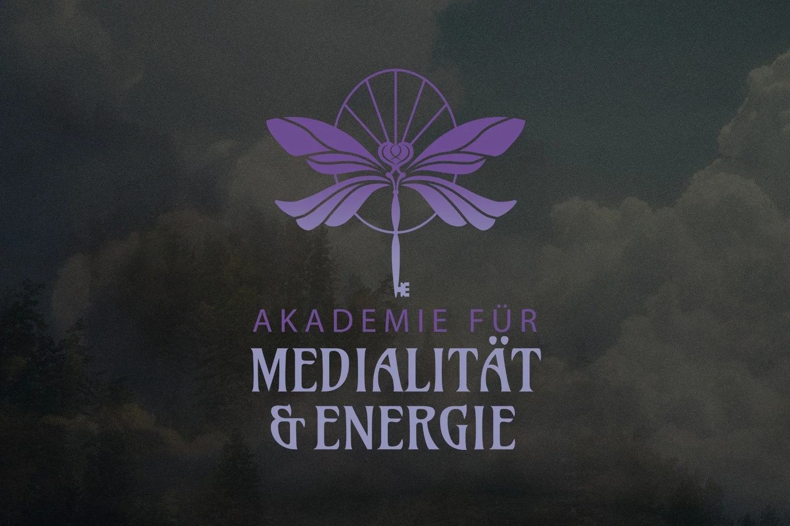 Ein Logo für eine Ausbildungsreihe mit dem Namen „Akademie für Medialität & Energie“. Über dem Schriftzug ist eine Libelle zu sehen mit einem ovalen Kreis und sich darin befindenden Strahlen.