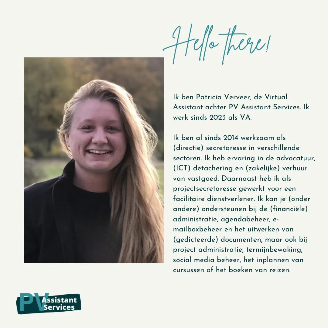 Hallo! Ik ben Patricia Verveer, de Virtual Assistant achter PV Assistant Services. Op dit account ga ik je meenemen in wat ik doe als VA.
Ben je op zoek naar een VA? Neem dan contact met mij op. Misschien kan ik iets voor je betekenen. Je vind mijn c