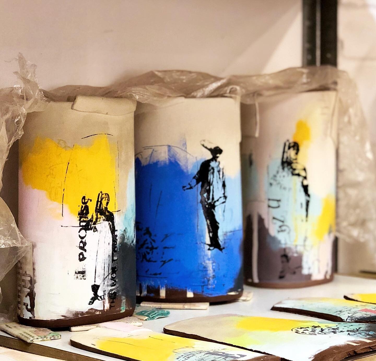 The printing process is finished on these pieces.  I love  the vessels at this drying stage the clay looks alive and vibrant. Having so much fun working with a collage approach. #clay #slabbuilt #earthenware #painterly #abstact #collage #colour #colo