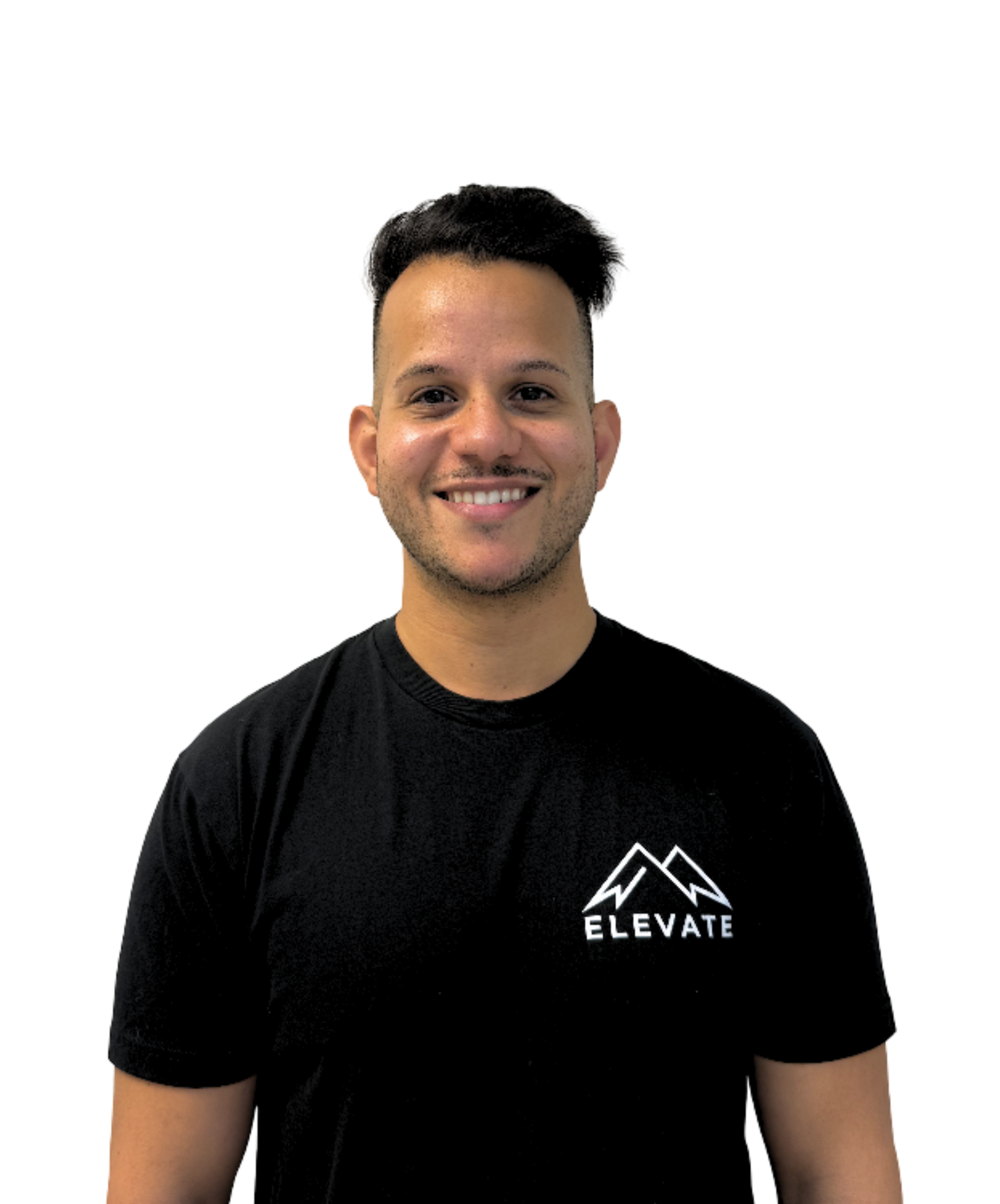 Close-up of a young man smiling, wearing a black t-shirt with a white logo that reads 'ELEVATE' underneath a stylized mountain peak graphic, against a plain white background.