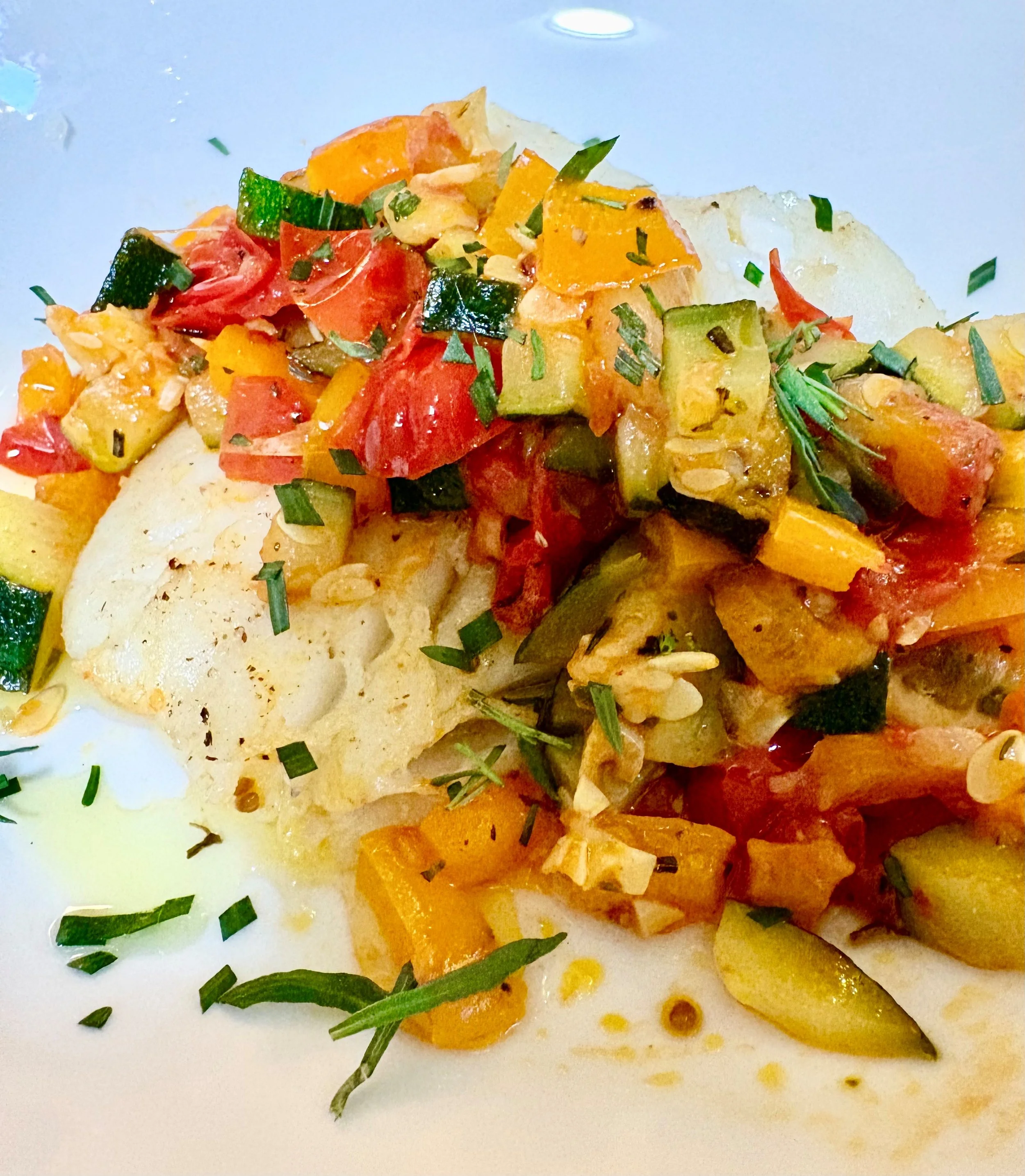 Pan Seared Halibut with Sauteed Vegetables Provencal
