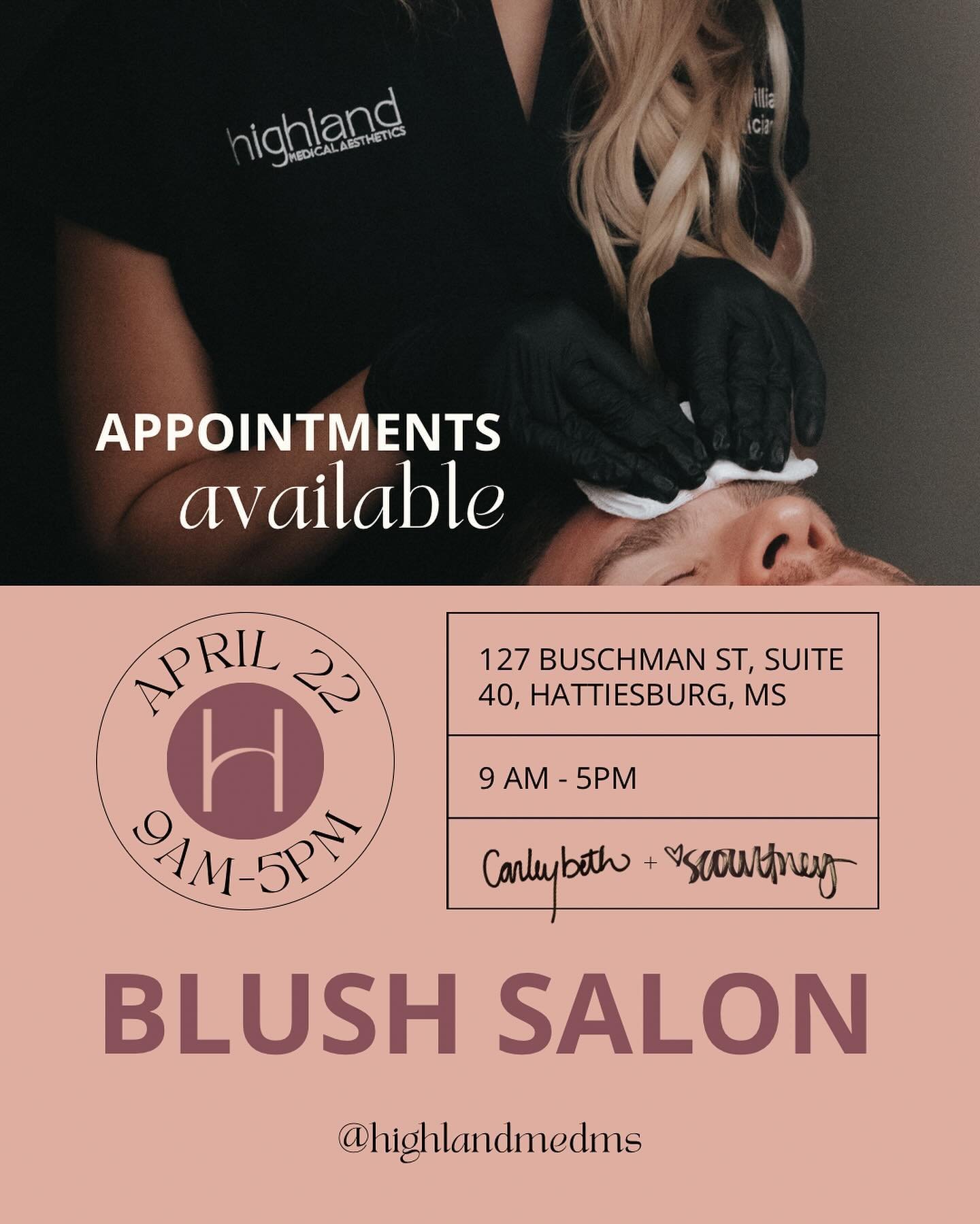 HATTIESBURG FRIENDS, this one is for YOU! 👏🏼

@carleybeth.skin + @saracourtney.np are coming to @blushsalondowntown in Hattiesburg, on April 22, from 9 AM to 5 PM!

➡️ Swipe for EXCLUSIVE offers only available on April 22
(and then RUN to book your