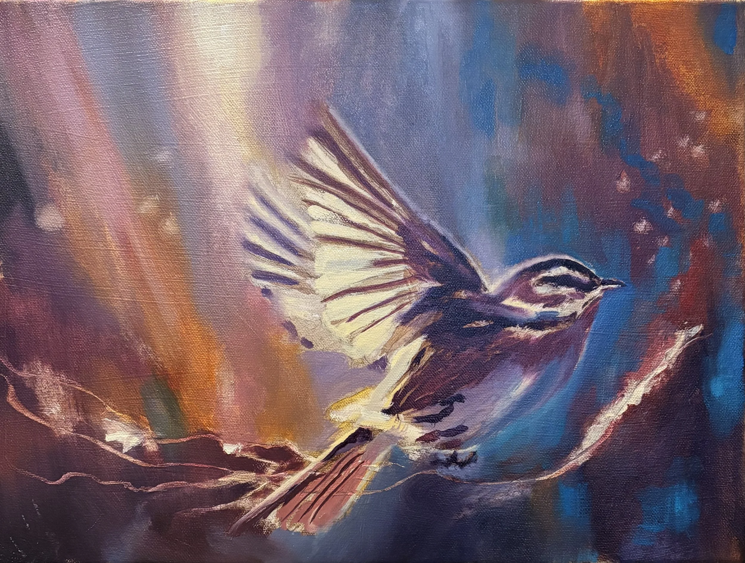 A colorful abstract painting of a bird in flight, with wings spread, set against a vibrant background of swirling colors.