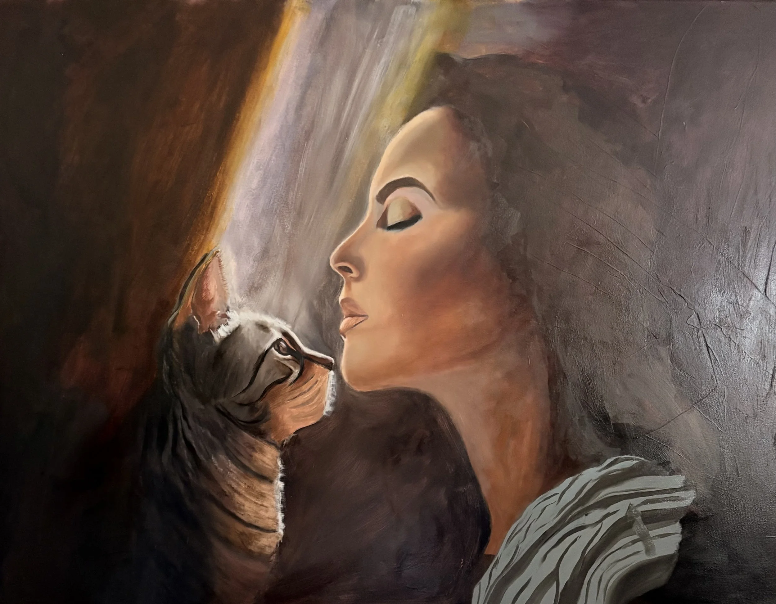 A large oil painting in progress showing a woman with closed eyes beside a cat looking up toward her face, illuminated by soft atmospheric light.