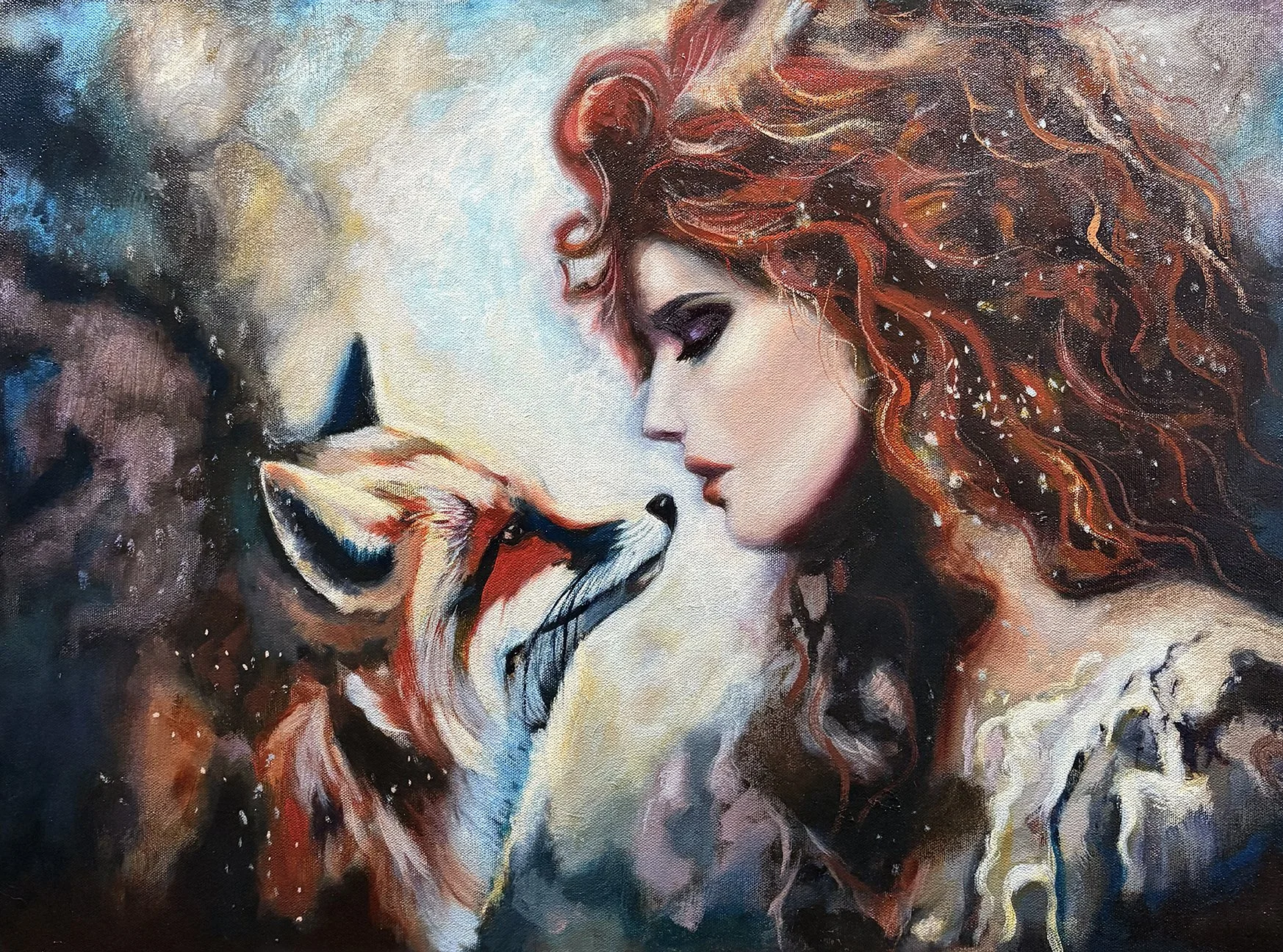 Fox painting by Debbie Moylan inspired by spiritual animal meaning and golden thread symbolism