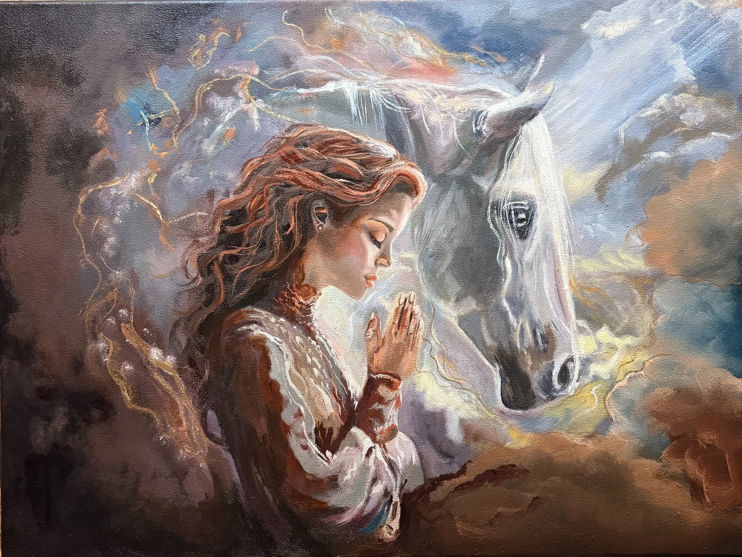 Woman and horse meeting in luminous landscape, symbolic oil painting exploring spiritual connection with animals