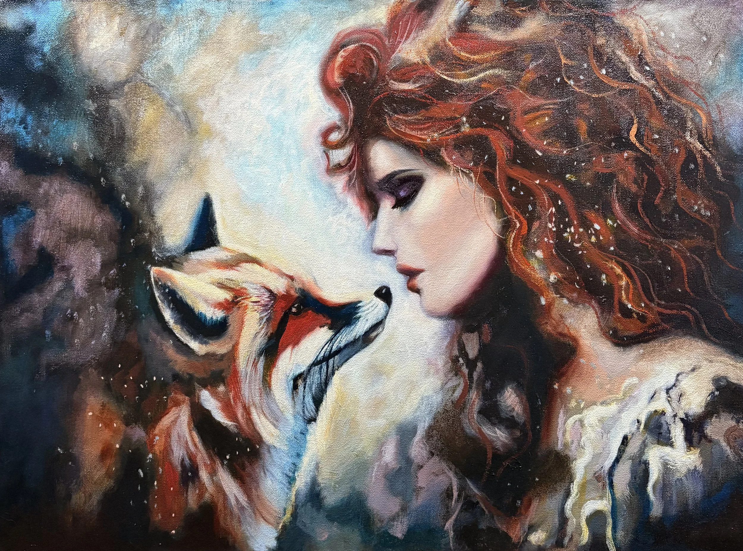 a woman and a fox with a spiritual connection recognise each other in a luminous spirituality