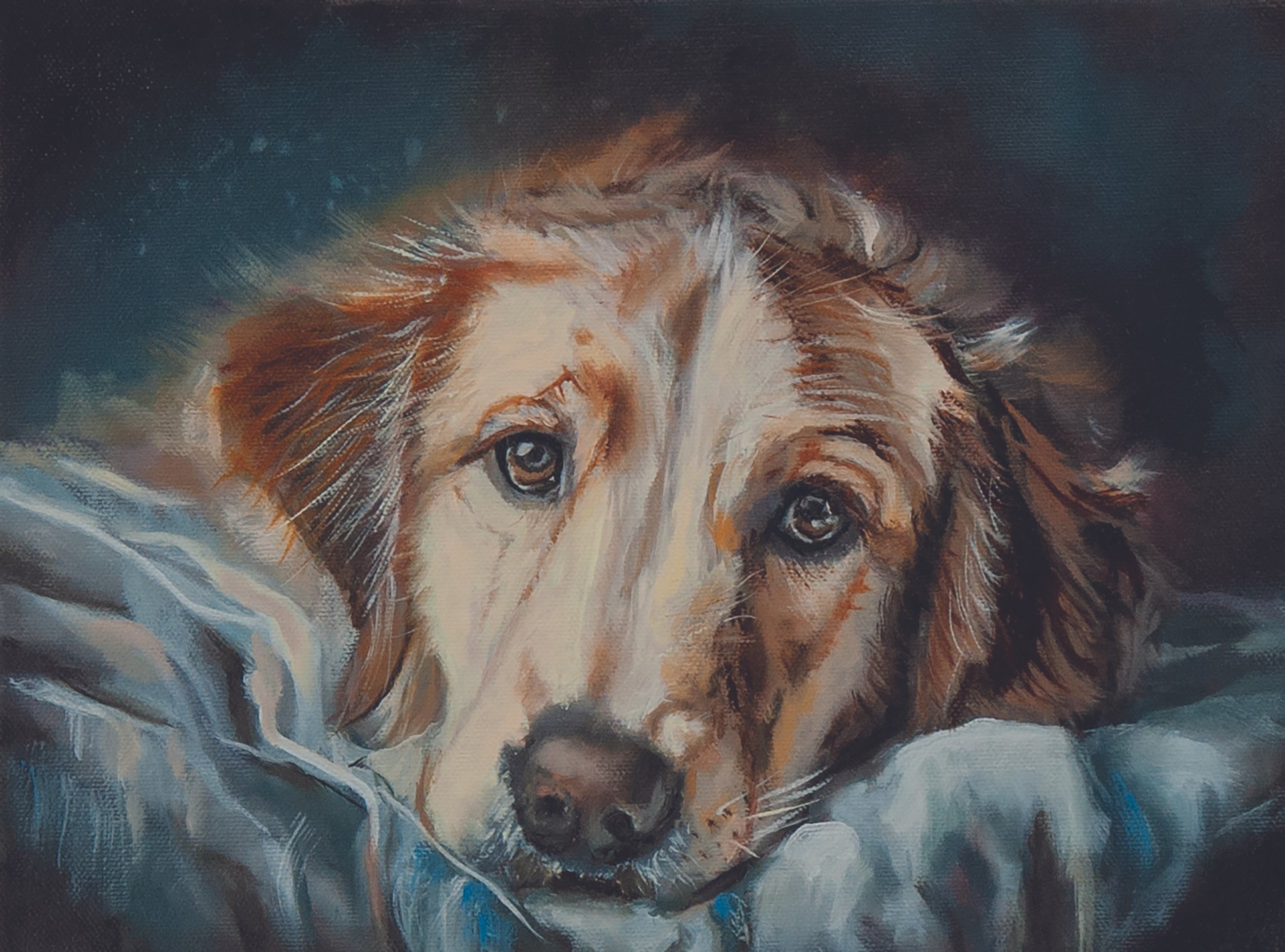 Dog watching human in symbolic oil painting representing loyalty and devotion in the God’s Rope series