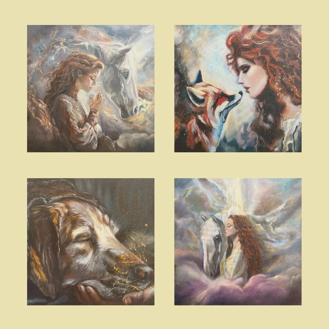 a collage of paintings from the God's Rope paintings about a red haired woman and a horse, fox, dog, and spirituality
