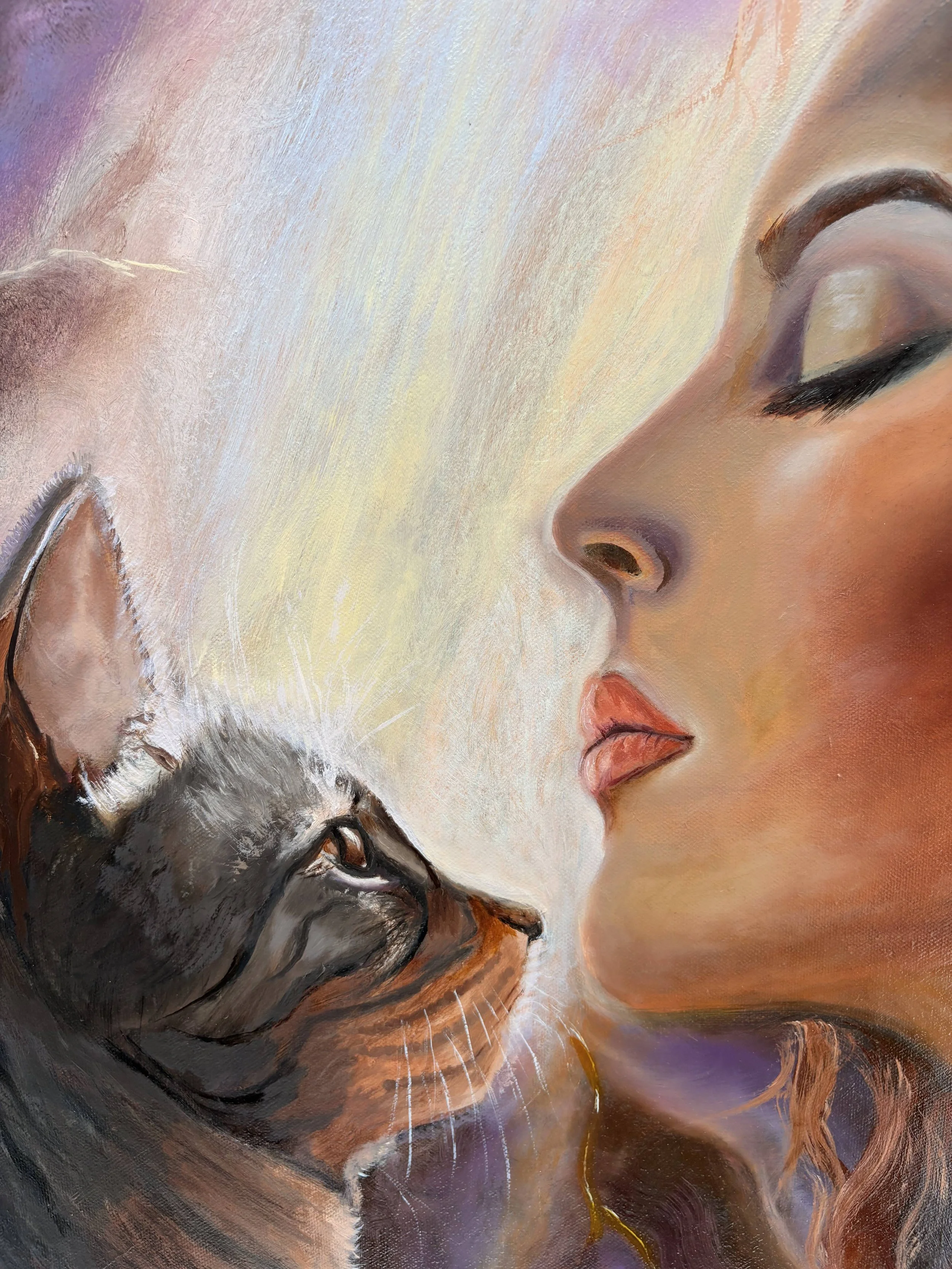 Woman with closed eyes beside a cat looking towards her in The Softest Recognition oil painting.