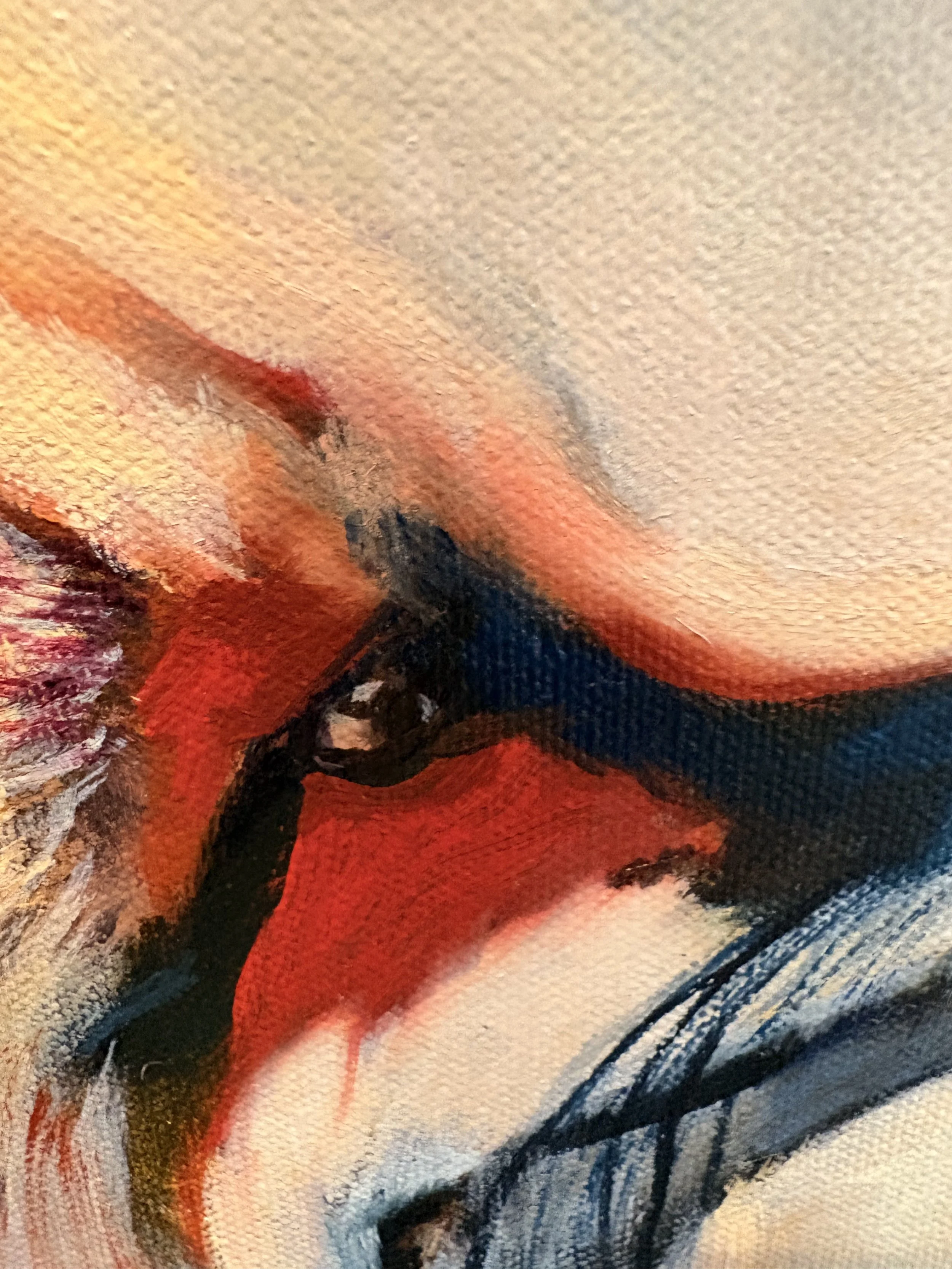 Close-up of the fox’s eyes and muzzle in an atmospheric spiritual oil painting
