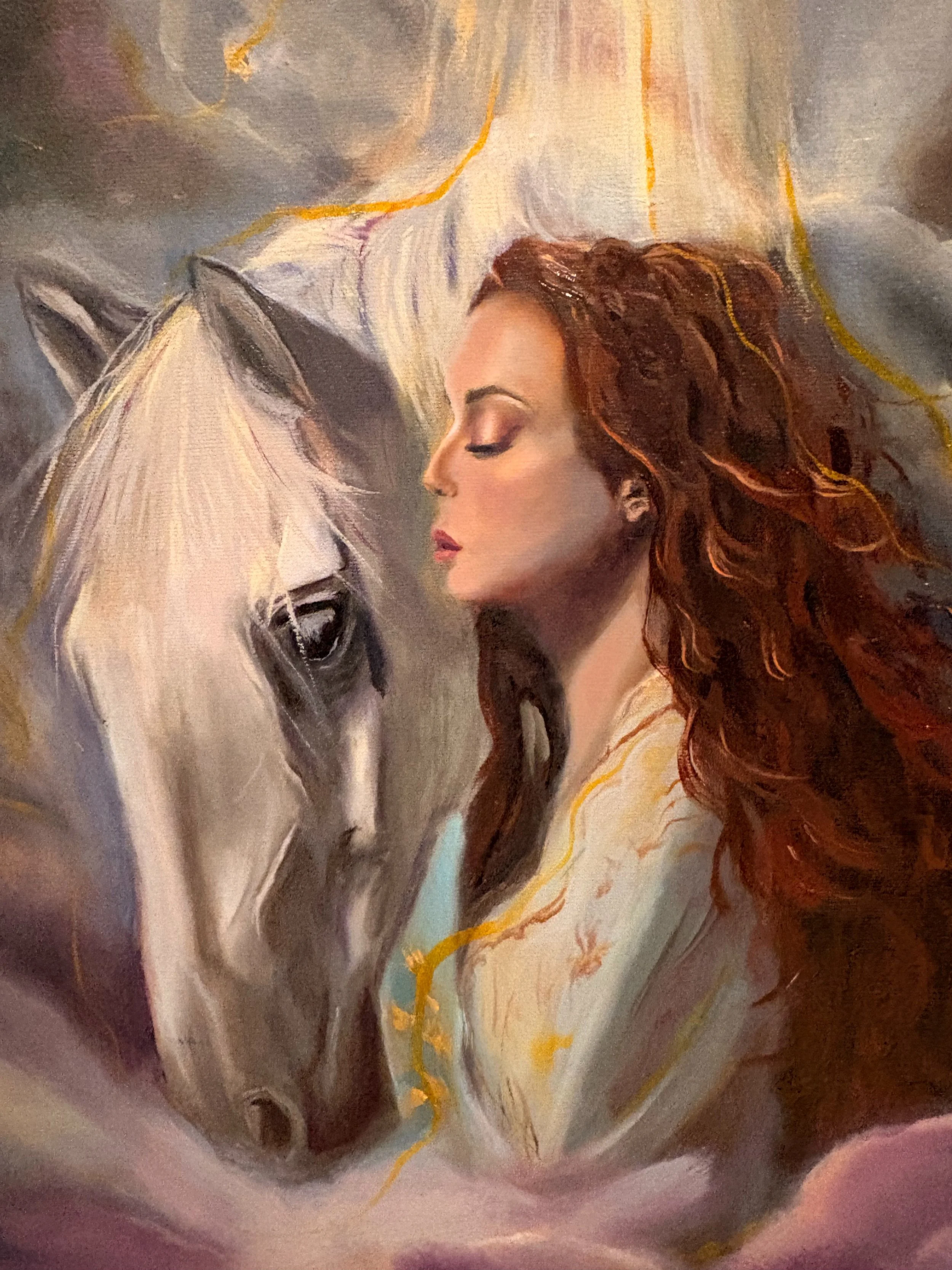 Close up oil painting of a woman and horse showing calm connection and emotional stillness