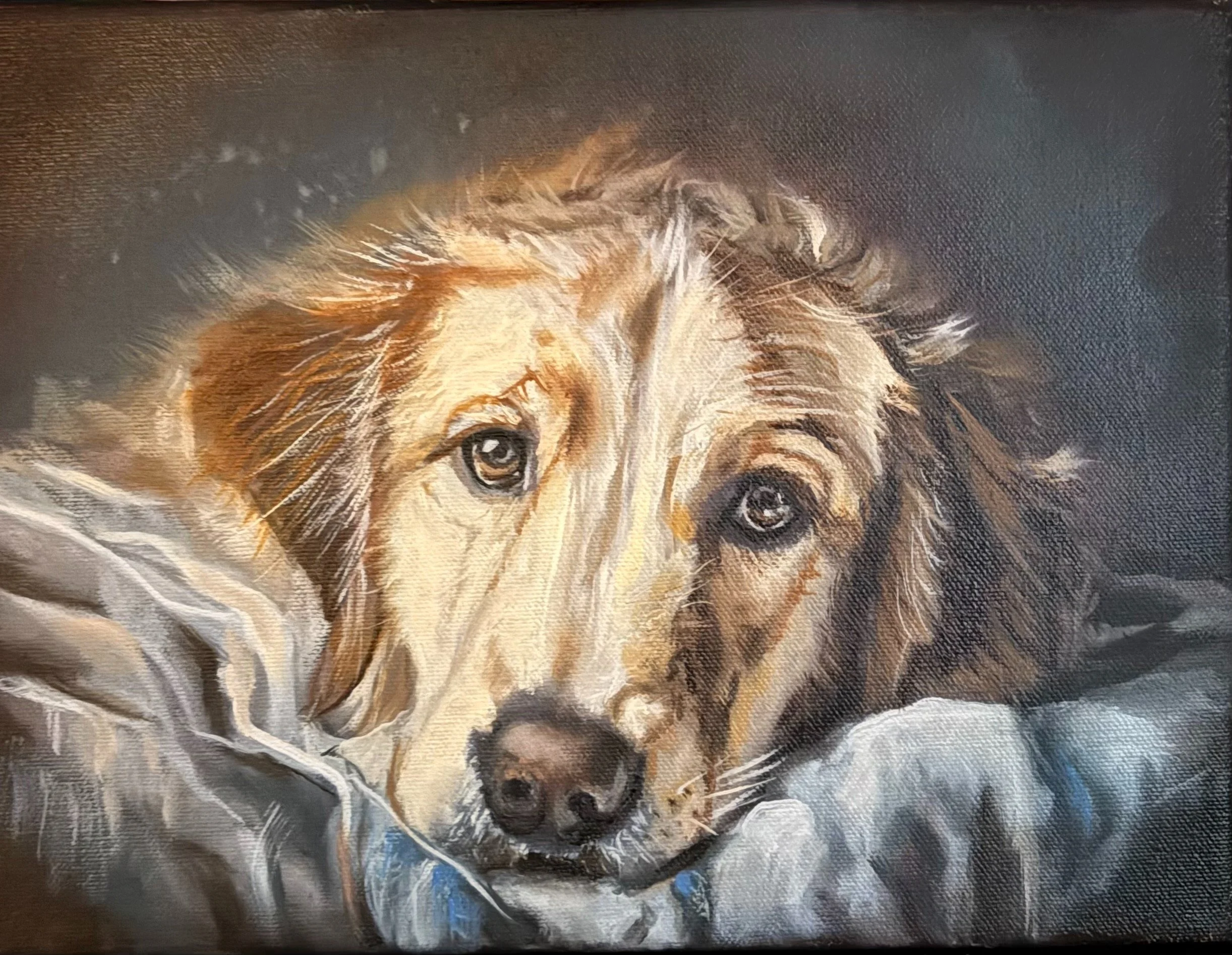 Final oil painting of a dog resting with gentle expression and soft atmospheric background symbolising devotion