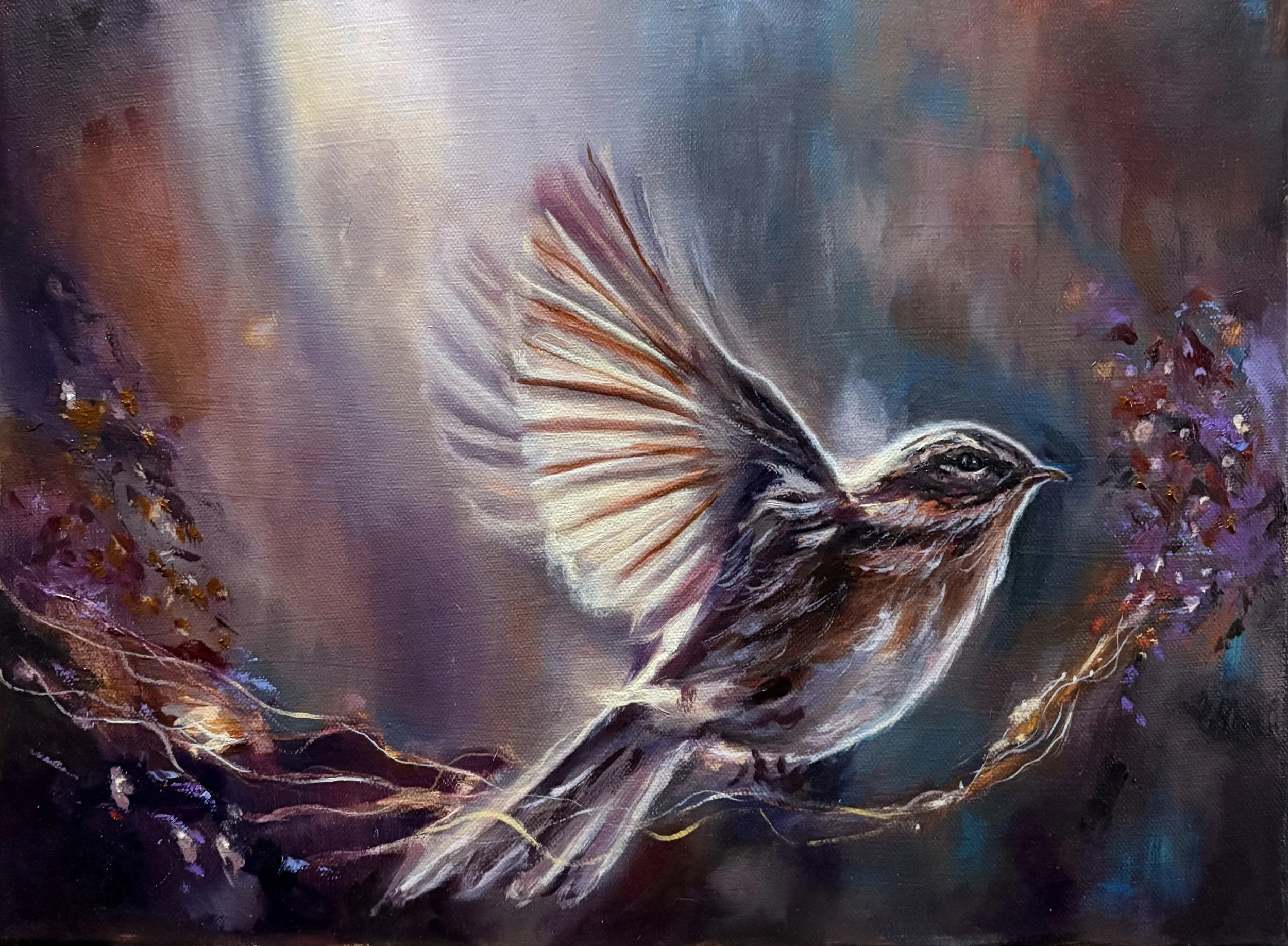  The Smallest Yes 
A sacred moment between holding on and trusting the air.

A luminous bird pauses mid-flight as golden threads shimmer through the forest beneath, a symbol of quiet courage and divine guidance.

Part of Debbie Moylan’s ongoing God’s