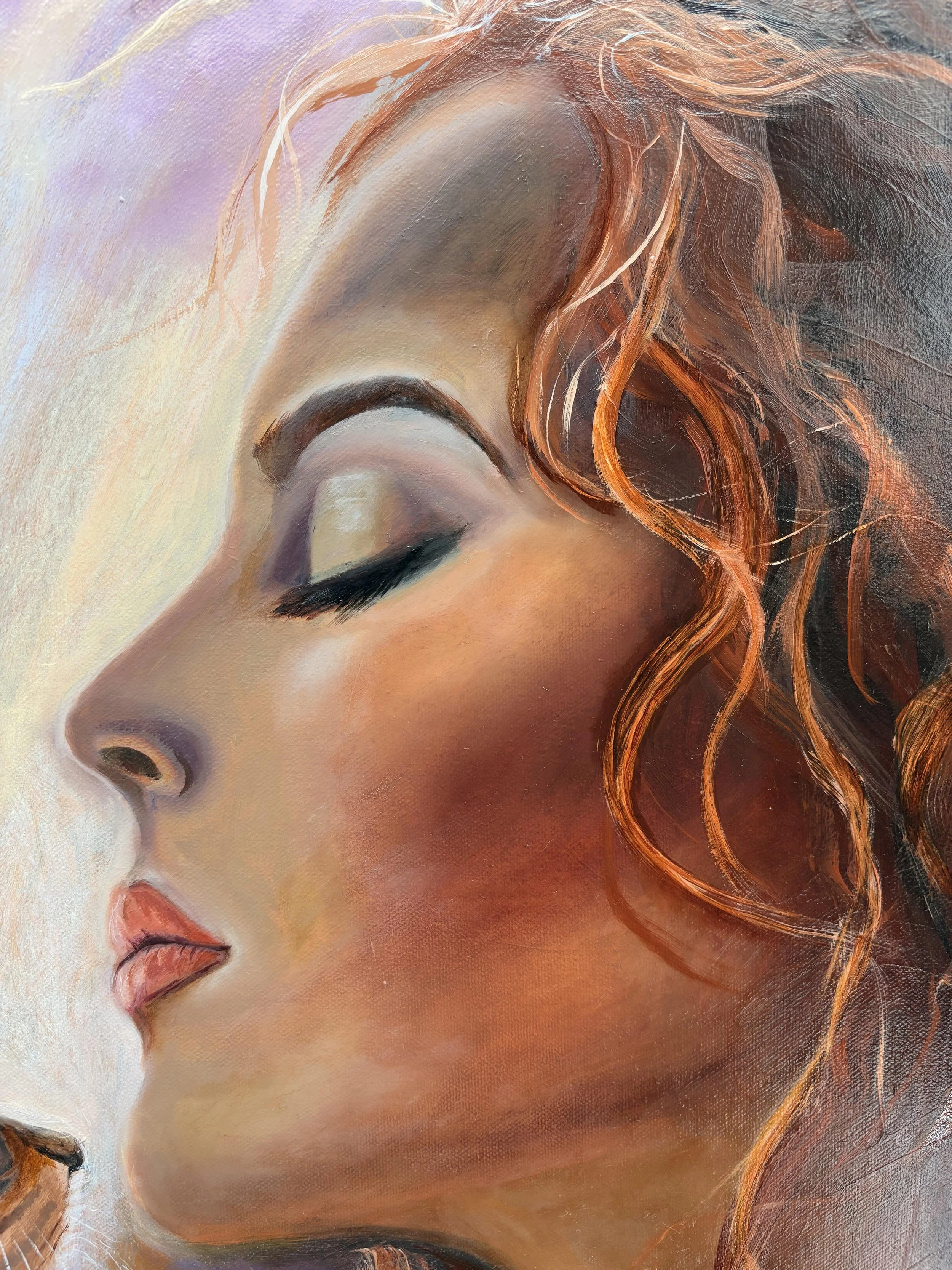 Detail of a woman illuminated by warm light in The Softest Recognition original oil painting.
