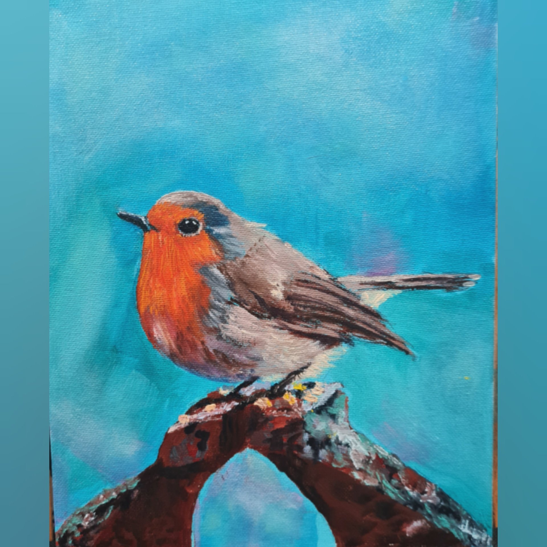 An oil painting study of a robin perched on a stone arch