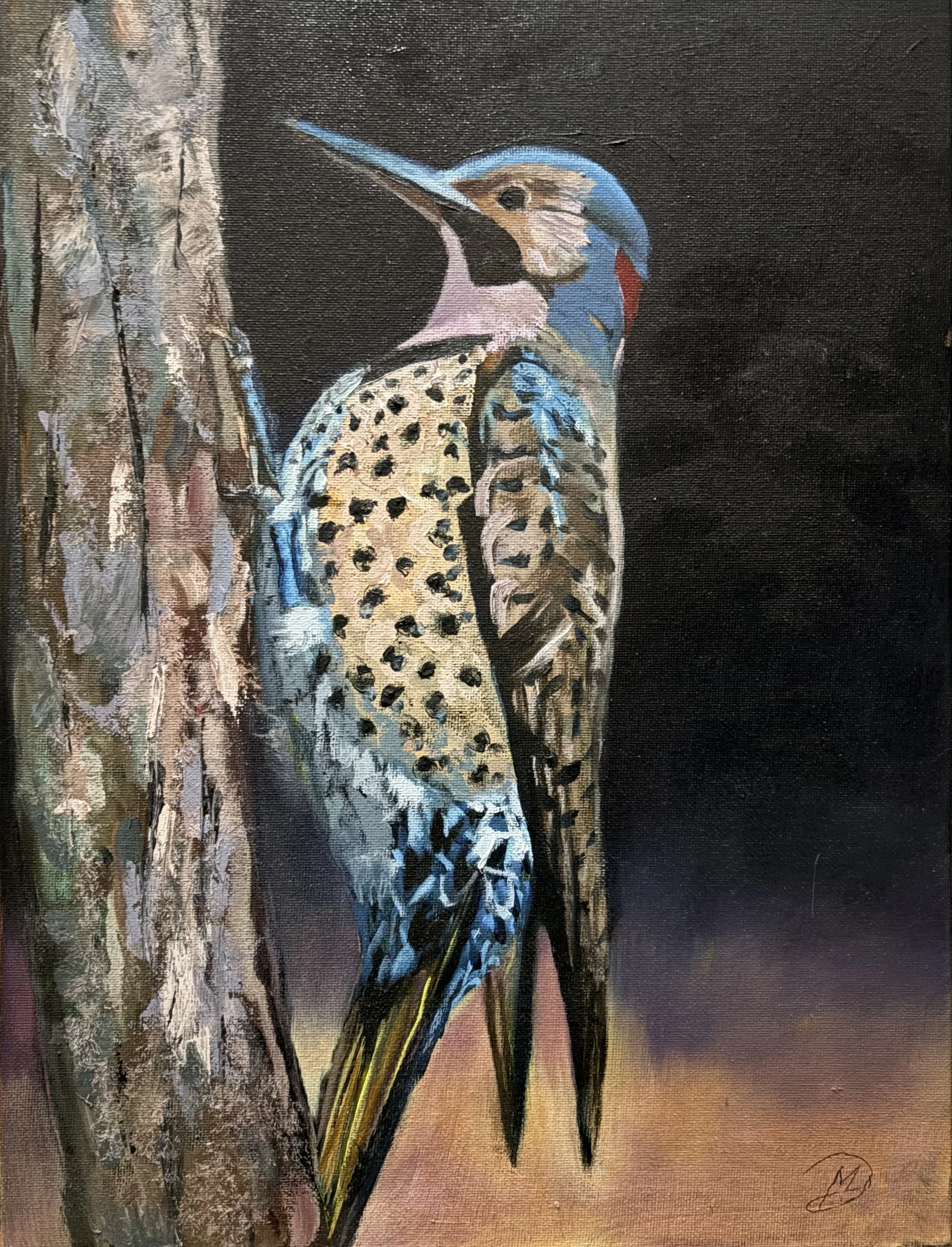 An oil painting of a woodpecker resting still on a tree