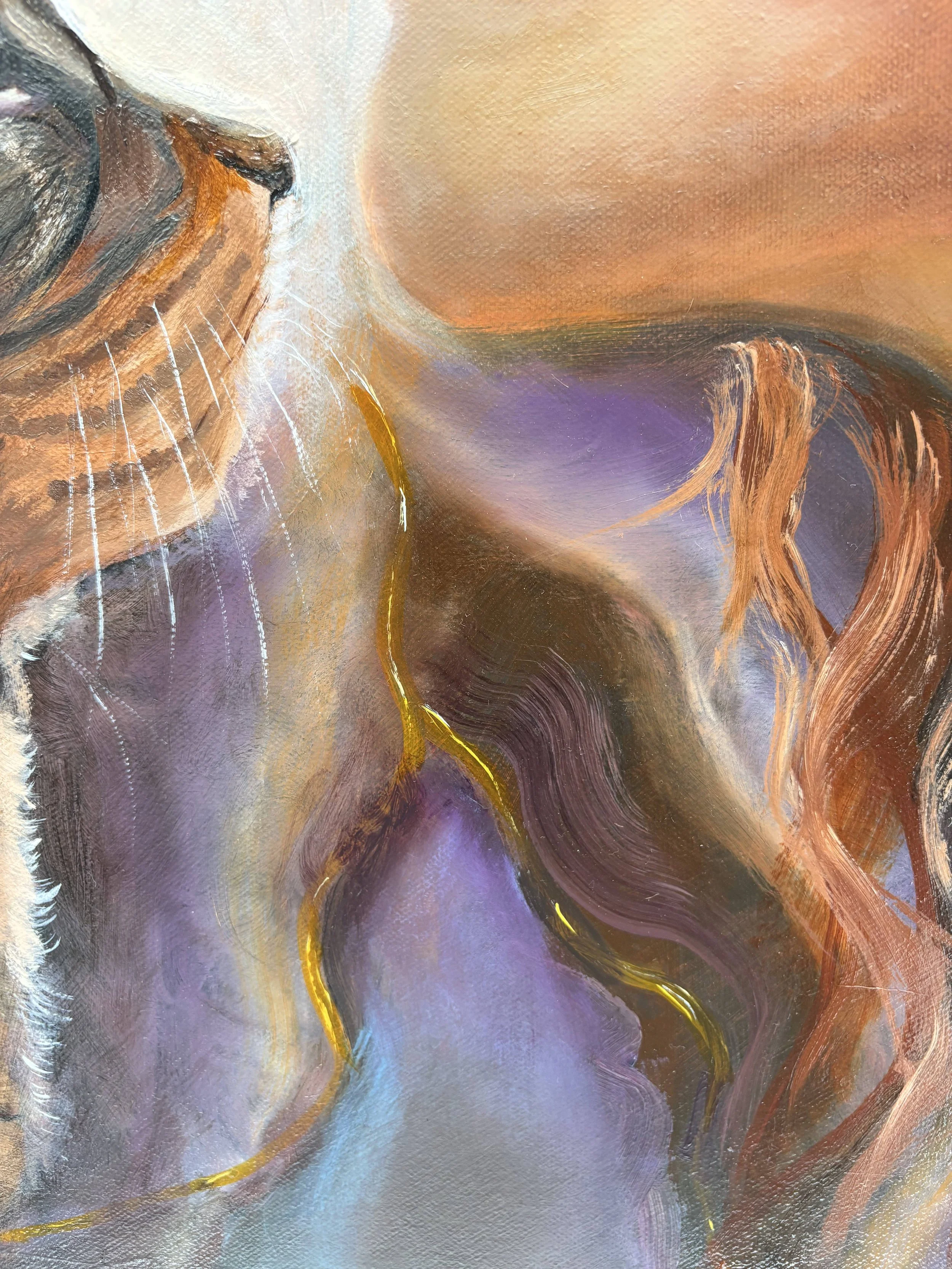 Golden thread moving between woman and cat in The Softest Recognition by Debbie Moylan.