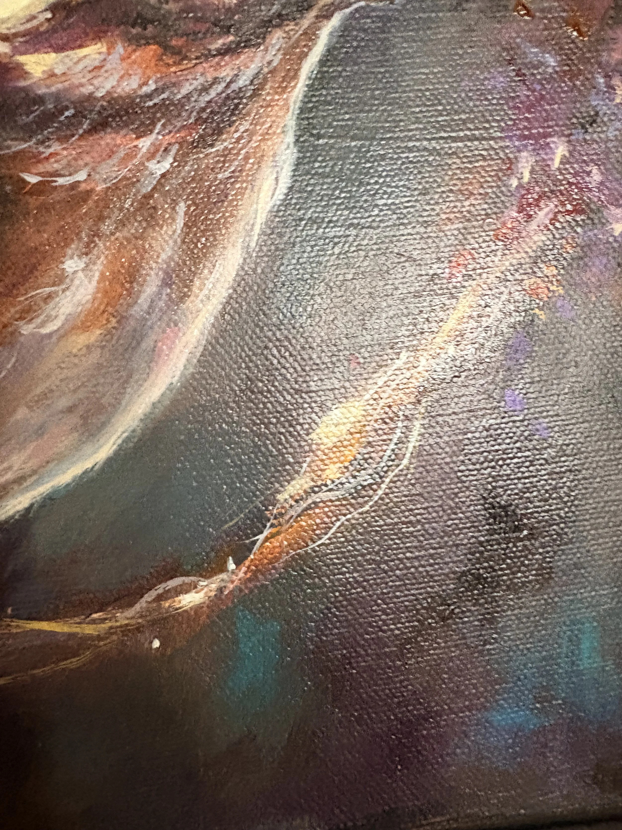 Close-up of detail from the painting The Smallest Yes, with vibrant, swirling colours and textured surface.