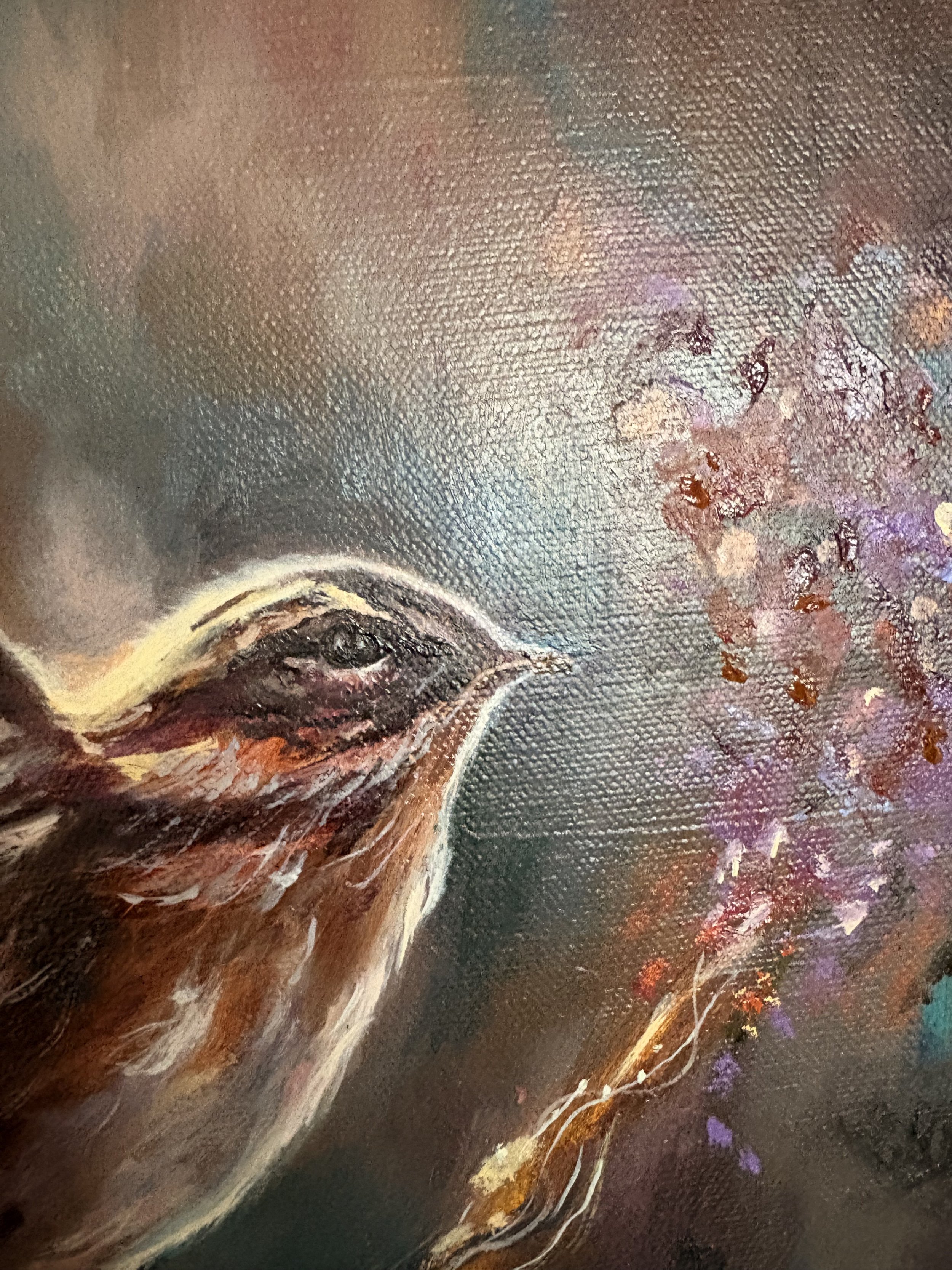 Close-up of a bird's face from the painting The Smallest Yes with abstract, colourful background in a textured painting style.